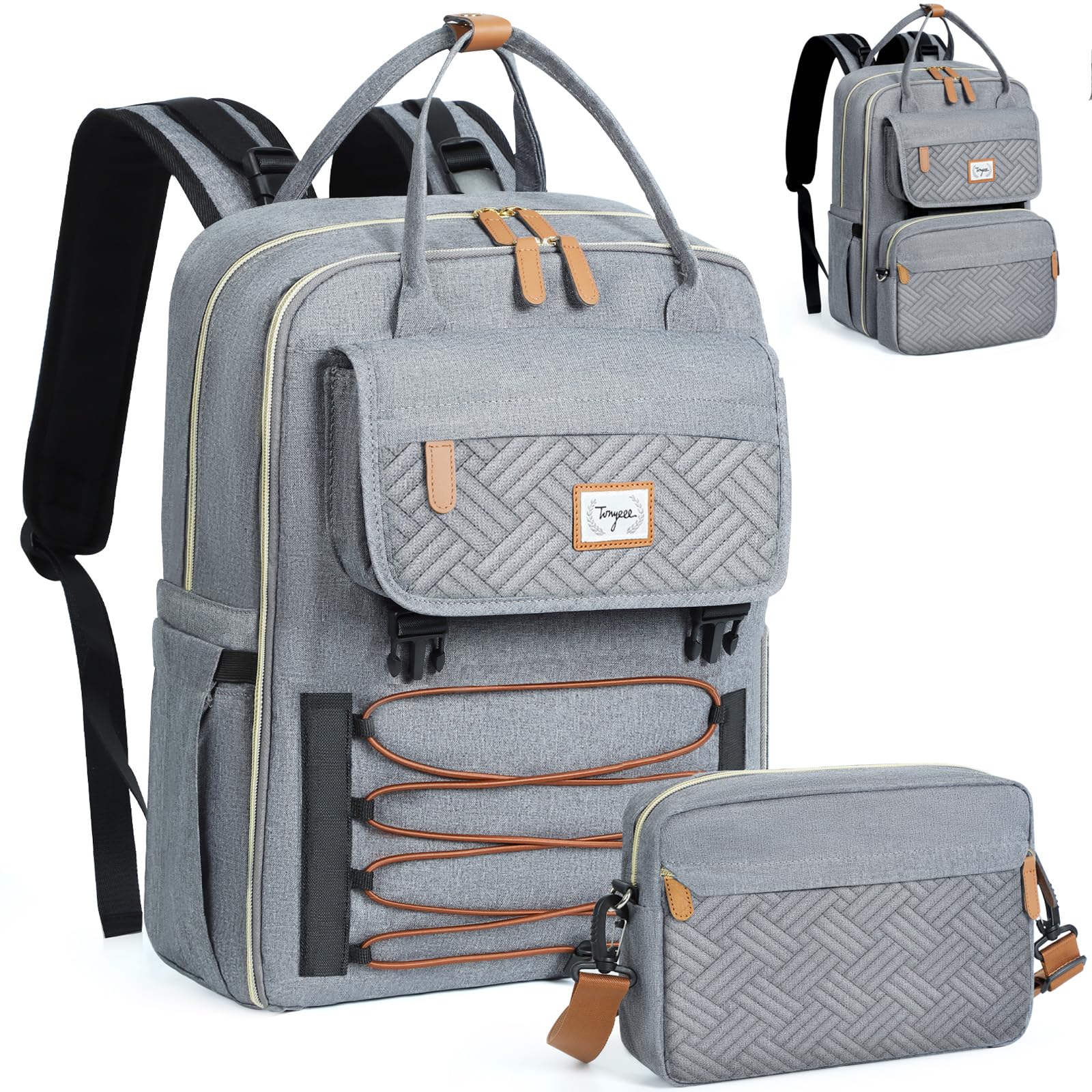 Diaper Bag Backpack Set, Baby Diaper Bag with Removable Cross Body Bag & Changing Pad, Travel Backpack for Women Men, Large Capacity, Waterproof, Grey