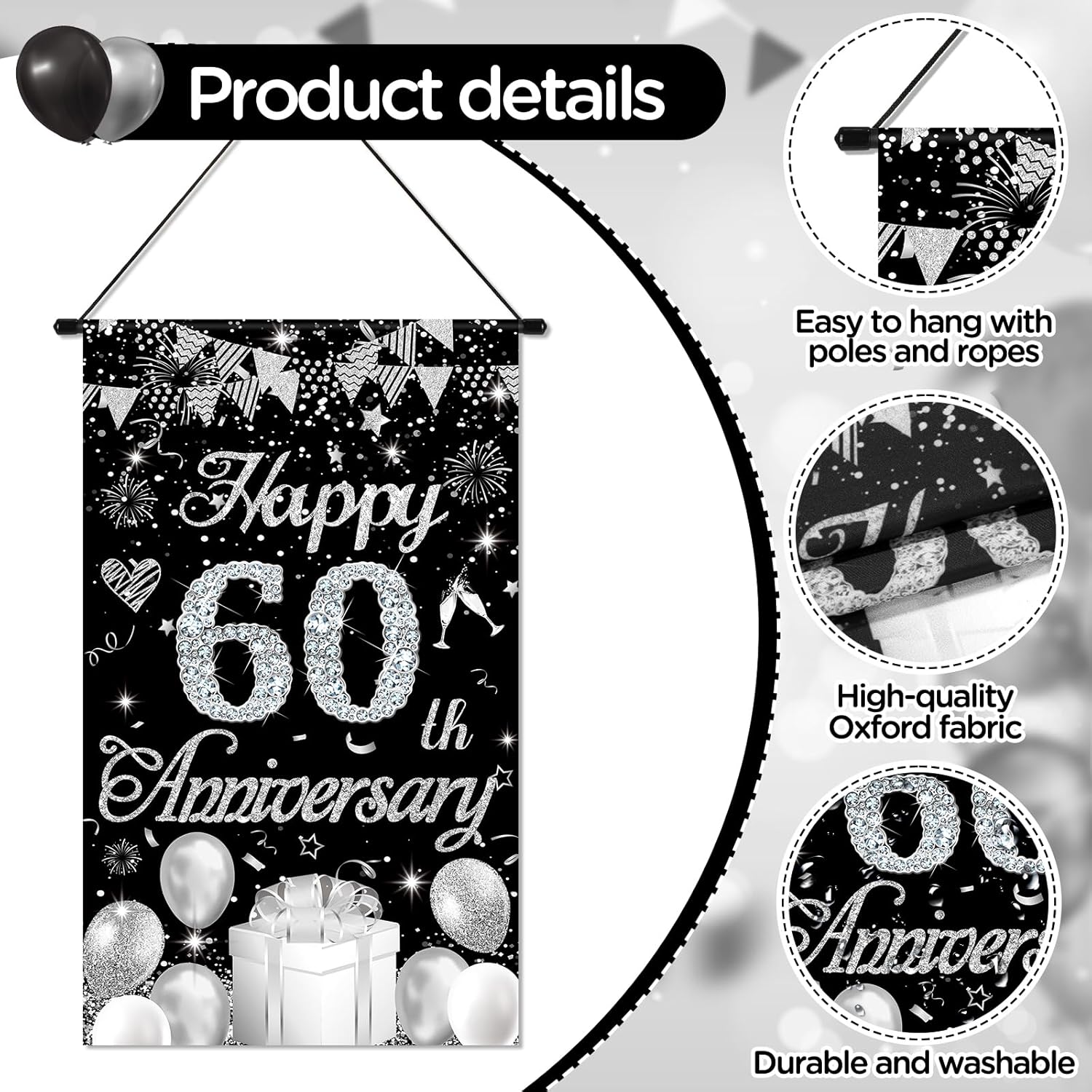 60th Anniversary Decorations Small Banner Black Silver Happy 60th Anniversary Door Hanging Banner Porch Front Door Decor for Women Men 60 Years Diamond Wedding Anniversaries Cruise Door Sign Supplies - Image 7