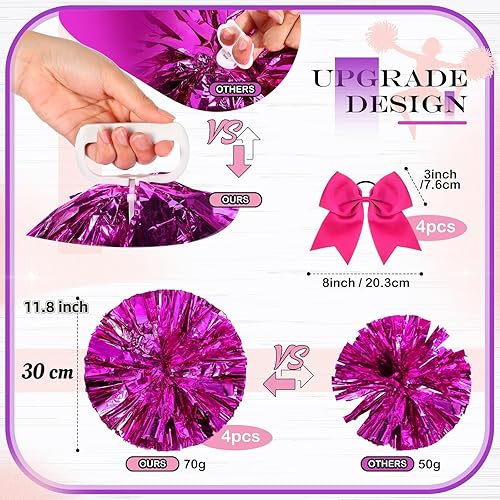 Miniatura 9 de Jexine 8 pompones de porrista de 11.8 pulgadas y lazos grandes para el pelo de animadora para adolescentes, niñas, sóftbol, baile, animadora,