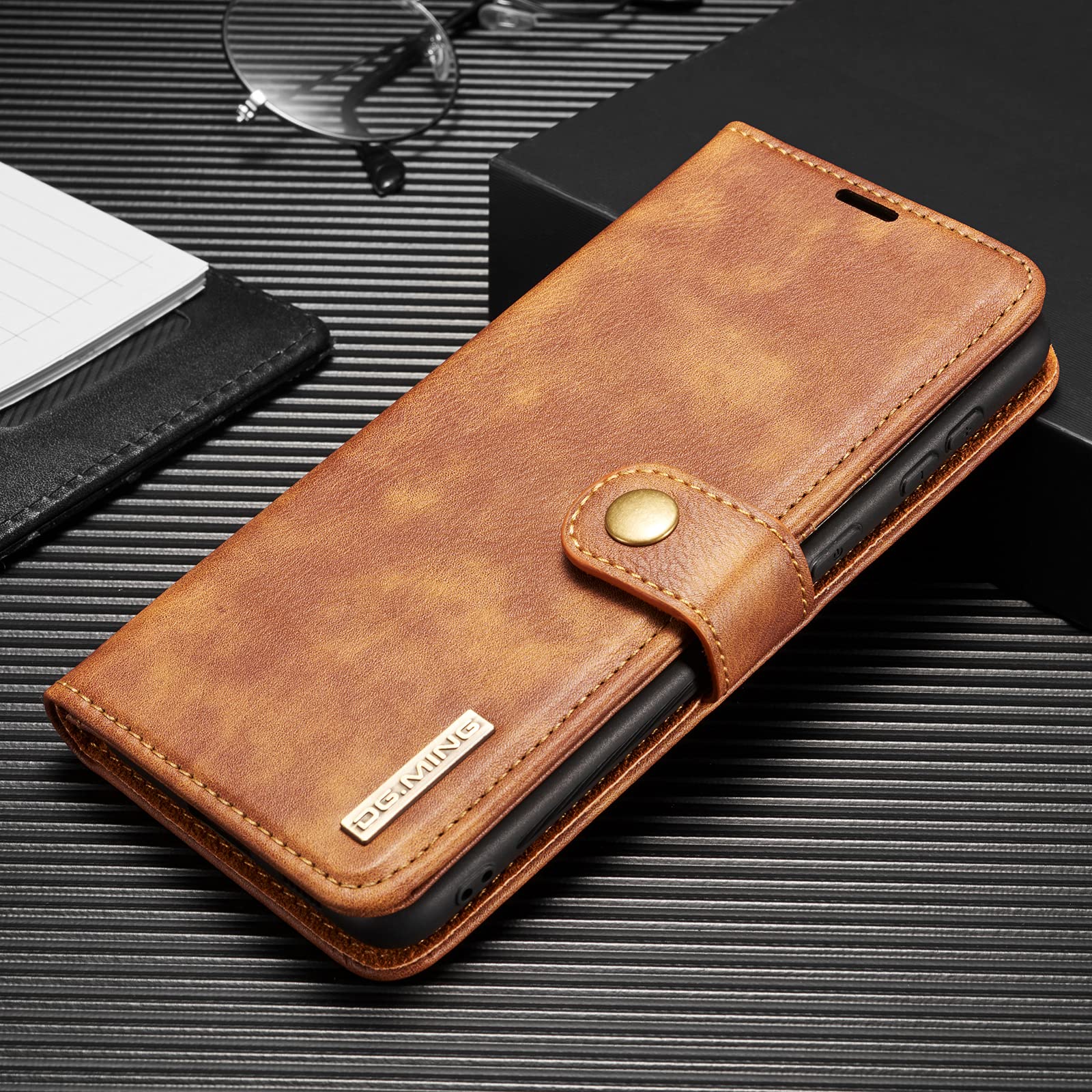 ZORSOME DG.MING for Samsung Galaxy S21 FE Genuine Leather Wallet Case, Detachable 2 in 1 Split Leather Wallet Phone Cover,Magnetic Pouch Shell Brown