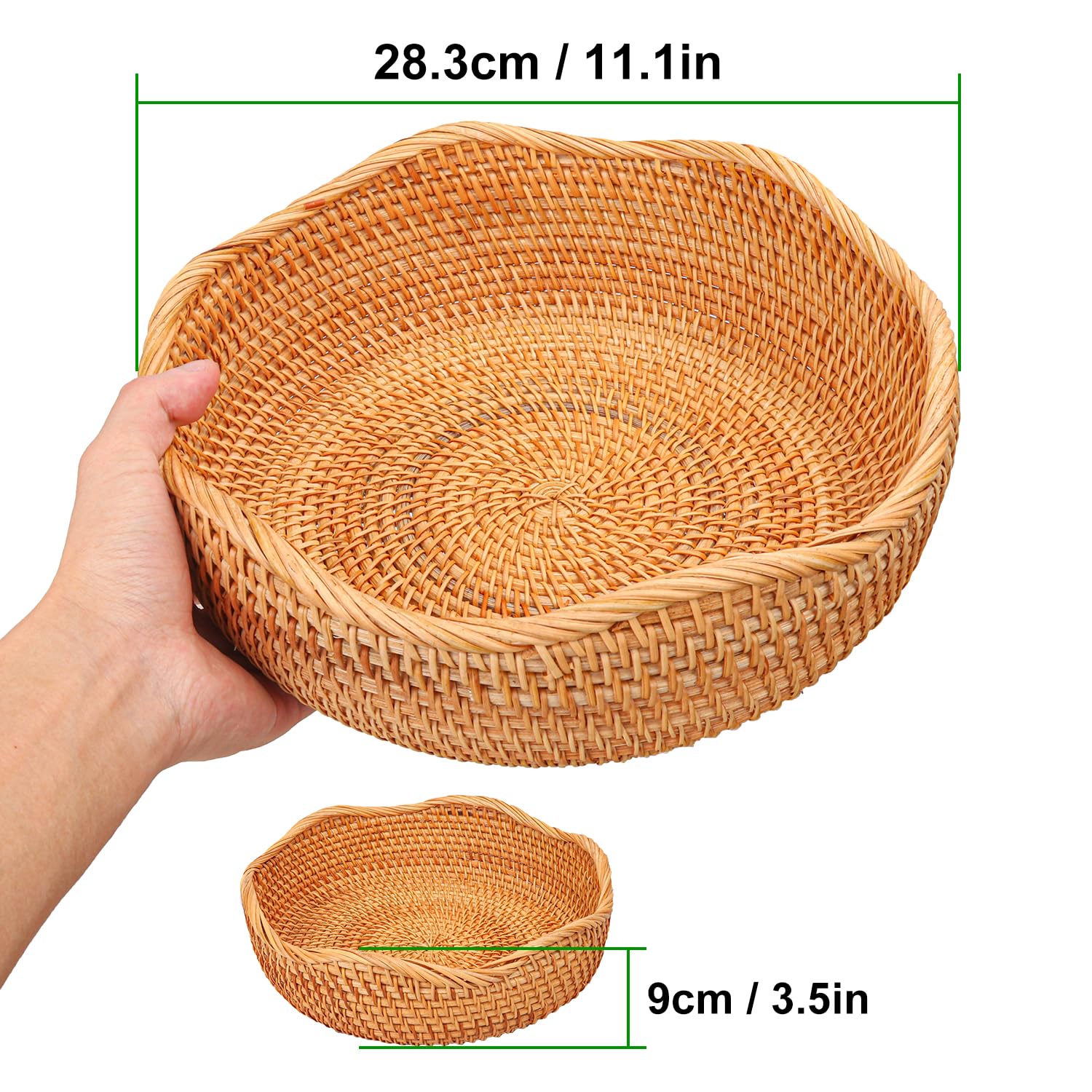 Cestas de pan de ratán hechas a mano, auténticas cestas de servir tejidas a mano para cocina, cuencos redondos de almacenamiento de frutas, elegante organizador de encimera de cocina para