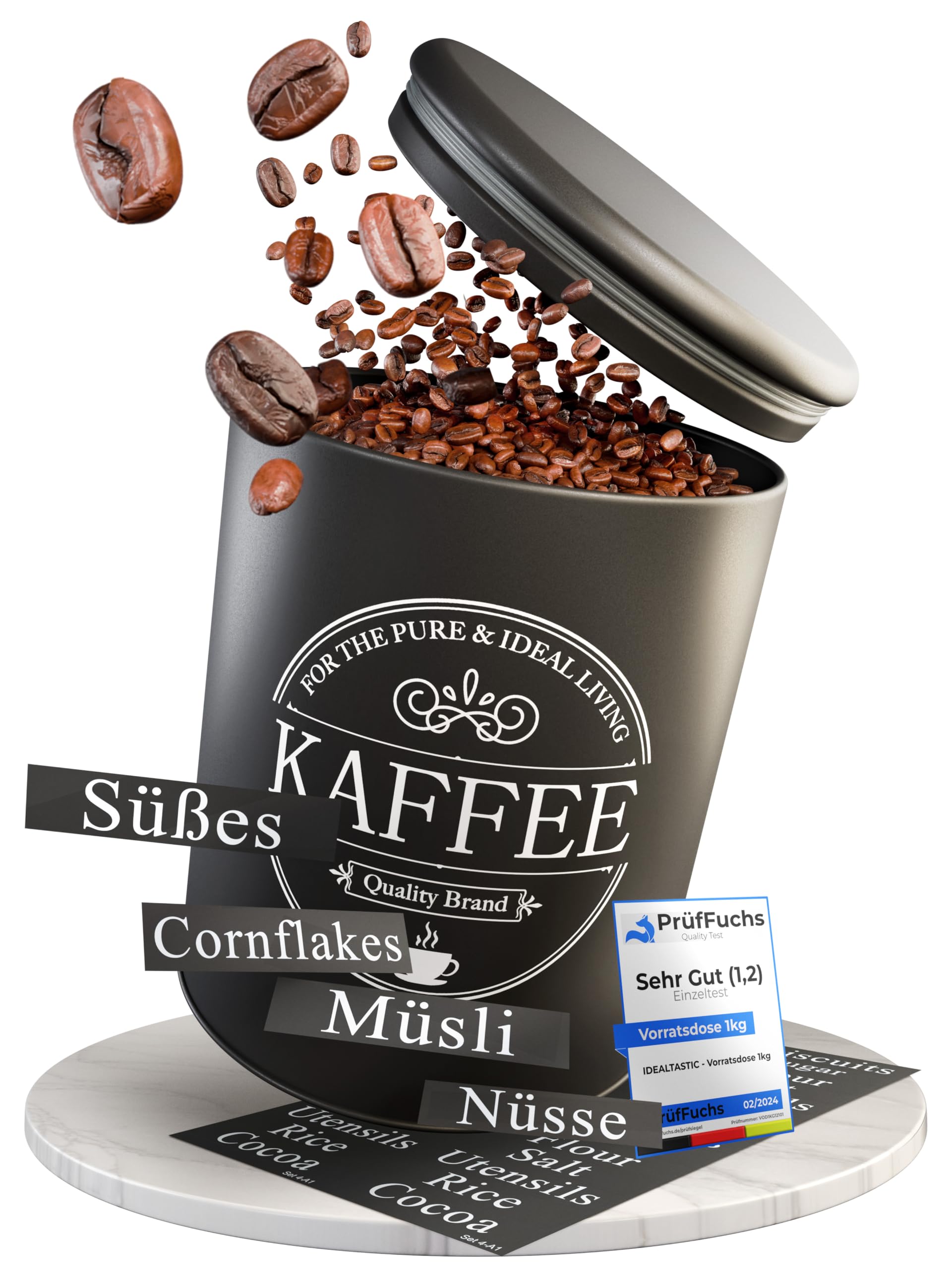 IDEALTASTIC® Premium Kaffeedose luftdicht [500g] für anhaltendes Kaffeearoma I Robuste Vorratsdose für gemahlenen Kaffee & Bohnen mit 