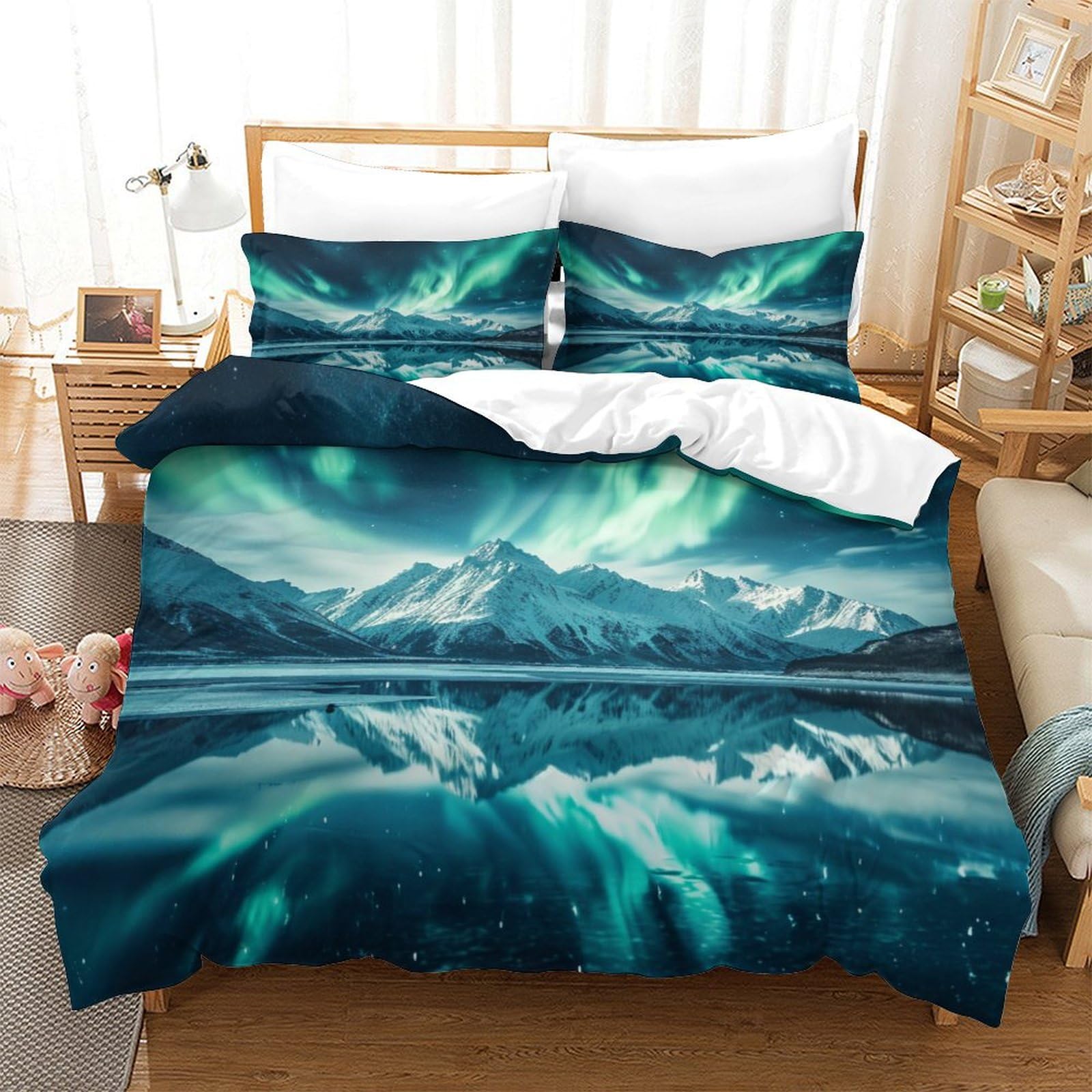 Stampato in 3D Aurora norvegese Copertina Stampata Microfibra Disegnata Biancheria Da Letto Ipoallergenico Con 2 Federe,Double（200x200cm）, Per Adolescenti E Adulti