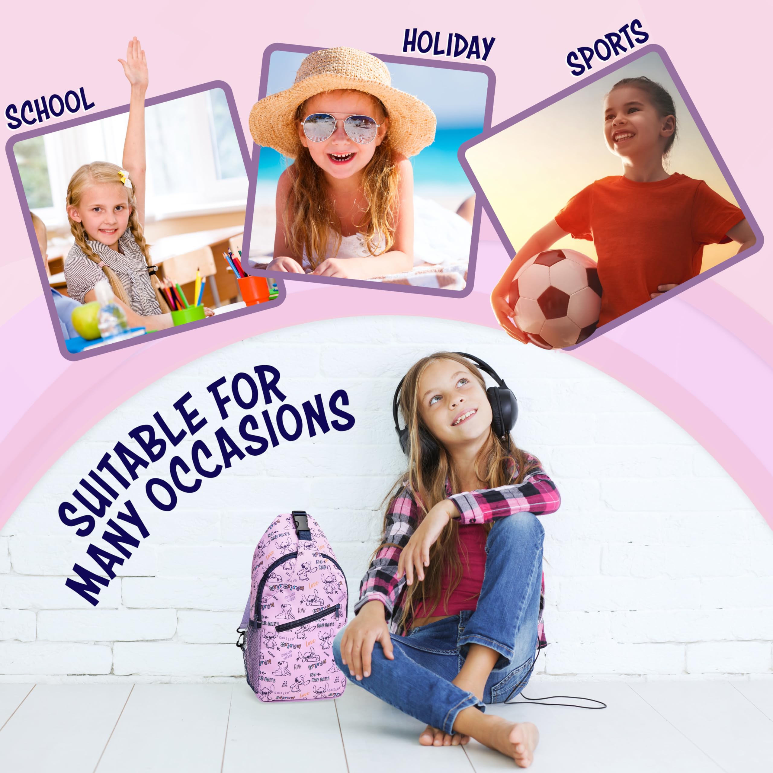 Disney Stitch Borsa Tracolla Bambina, Zaino Monospalla Sling Bag Casual, Borsetta Ragazza con Multitasche e Chiusura Zip