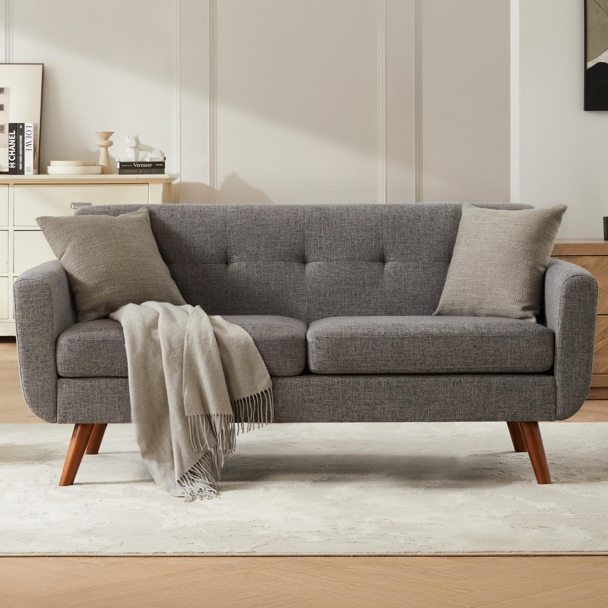 67" W Loveseat Sofa, Mid Century Modern Decor Love Seat Couches for Living Room, Button Tufted Upholstered Small Couch for Bedroom, Solid and Easy to Install Love Seats Furniture, Grey