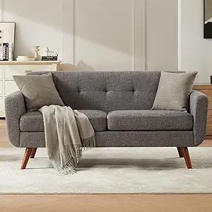 Tbfit 65" W Loveseat Sofa, Mid Century Modern Love Seat Couches for Living Room, Button Tufted Upholstered Small Couch for Bedroom, Solid and Easy to Install Love Seats Furniture, Grey