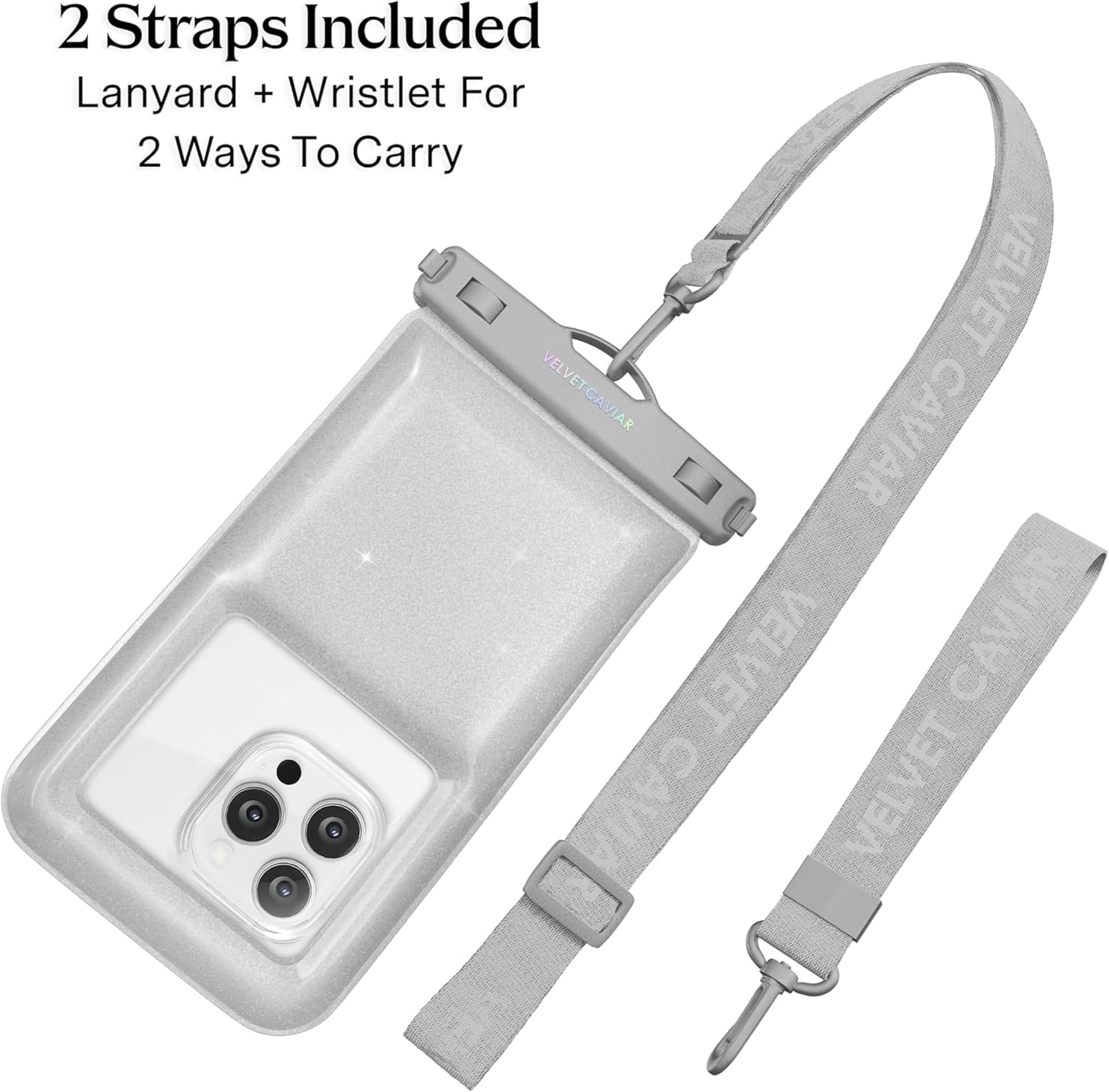 VELVET CAVIAR Waterproof Phone Pouch with Lanyard | IP68 Floating Case for iPhone & All Phones | Dry Bag for Snorkeling, Beach, Kayaking | Travel & Cruise Essentials for Women (Silver Stardust)