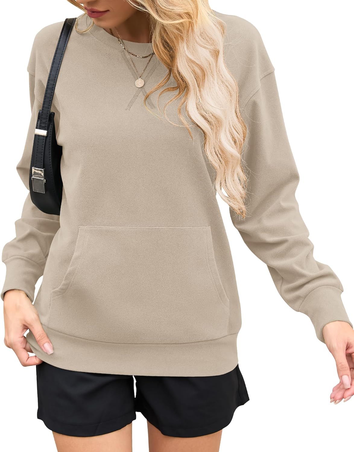 AUSELILY Womens Long Sleeve Sweatshirt Casual Crewneck Plain Pullover Tops with Pockets