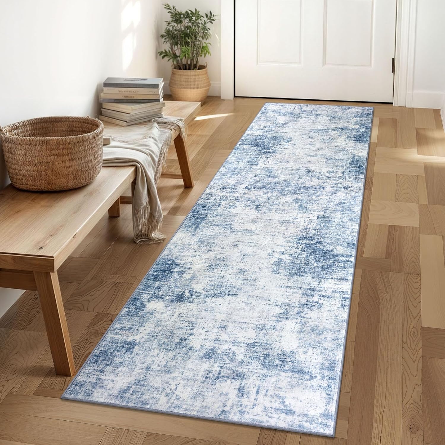 IOHOUZE Abstract Runner Rug 2x6 Ft Washable Runners for Hallways, Non Slip Kitchen Runner Printed Faux Wool Entryway Runner Indoor, Modern Abstract Floor Carpet for Hall Bedroom, White Blue