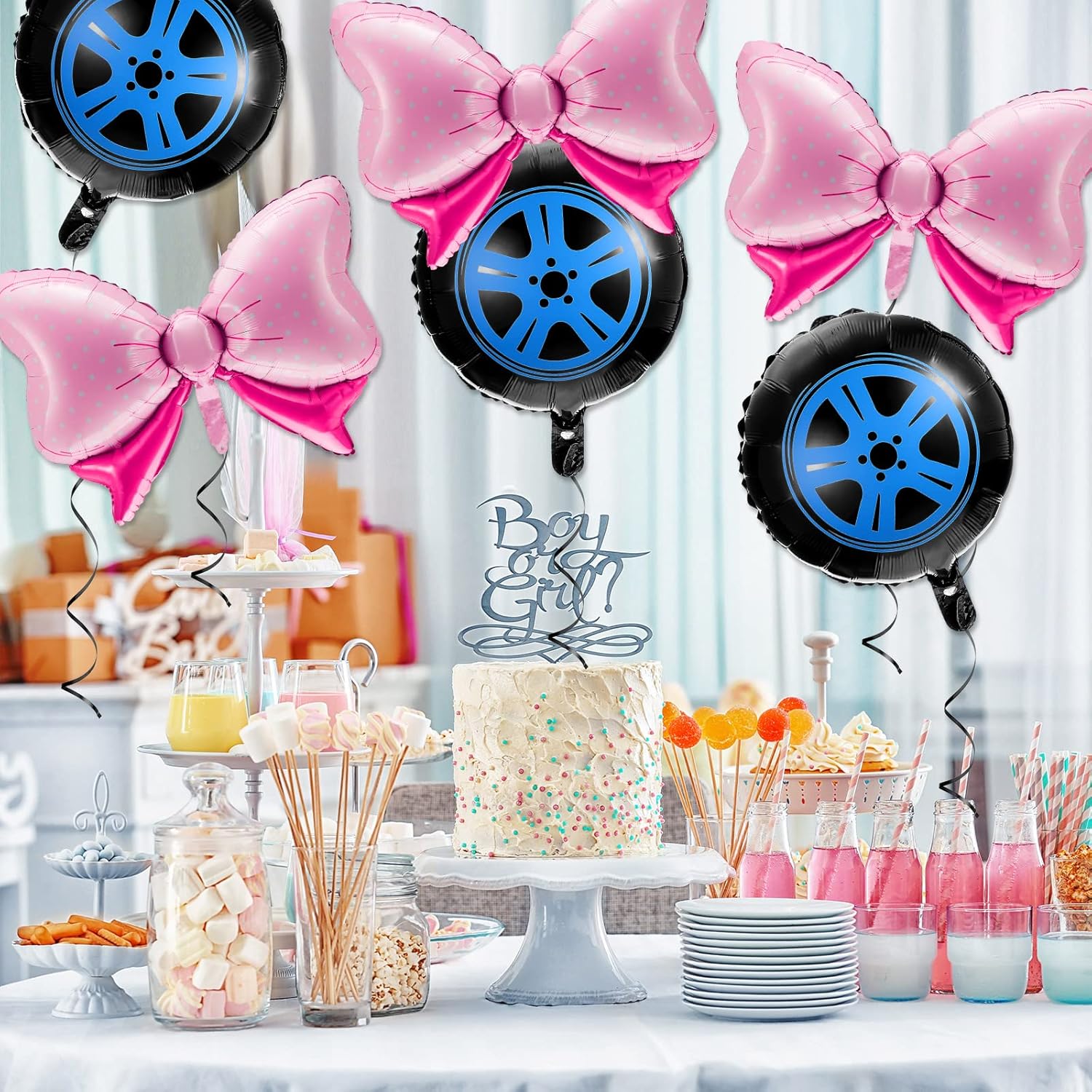 Lewtemi 16 Pcs Burnouts or Bow Foil Balloons Sets Black Blue Car Wheel Gender Reveal Bow Balloons for Baby Shower Gender Reveal Wedding Birthday Party Decoration - Image 4