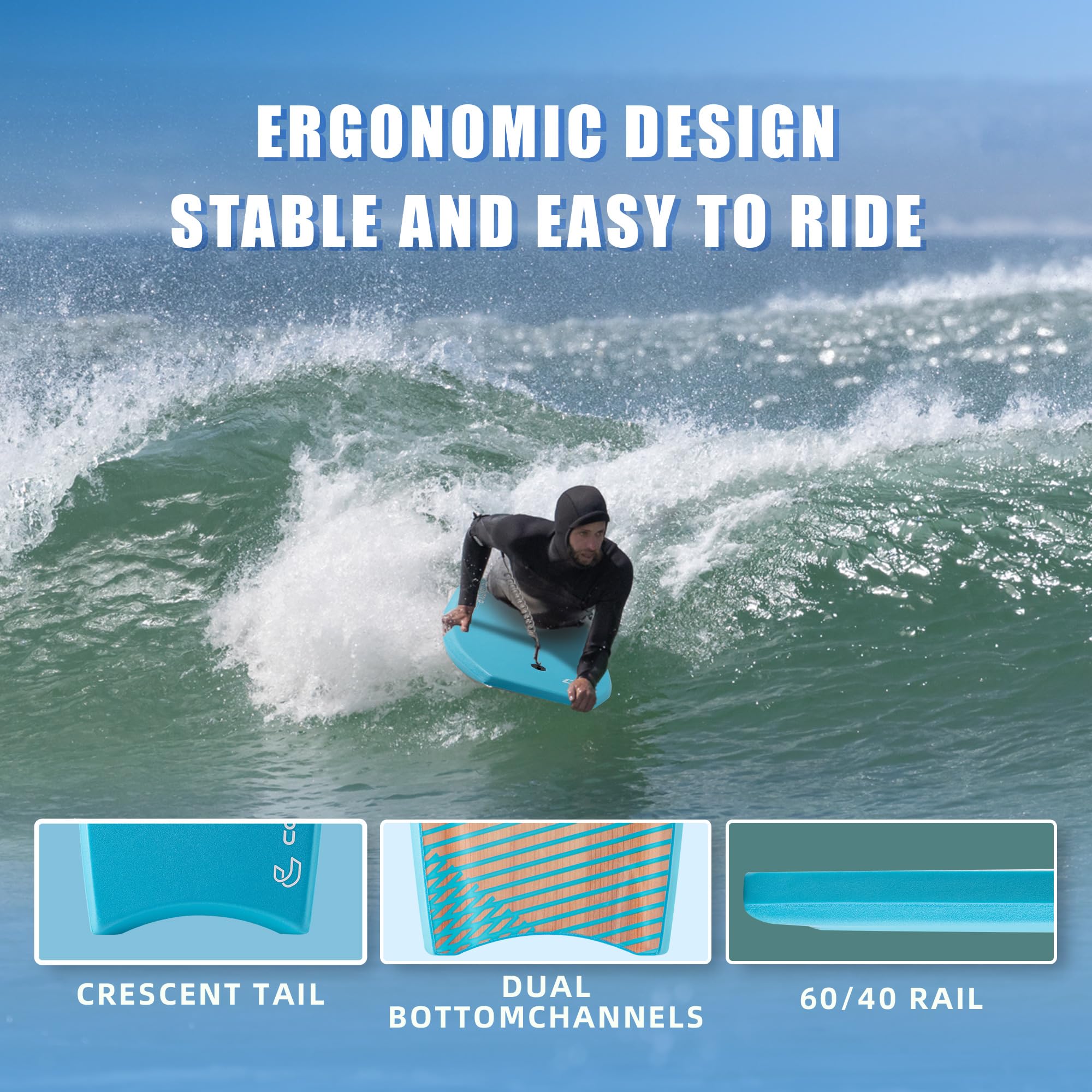 Ripple - Bodyboard de 99 cm, ligero, duradero, núcleo EPS IXPE, cubierta HDPE, parte inferior lisa, FRP, cola creciente, malla de plástico de doble canal con doble correa de muñeca
