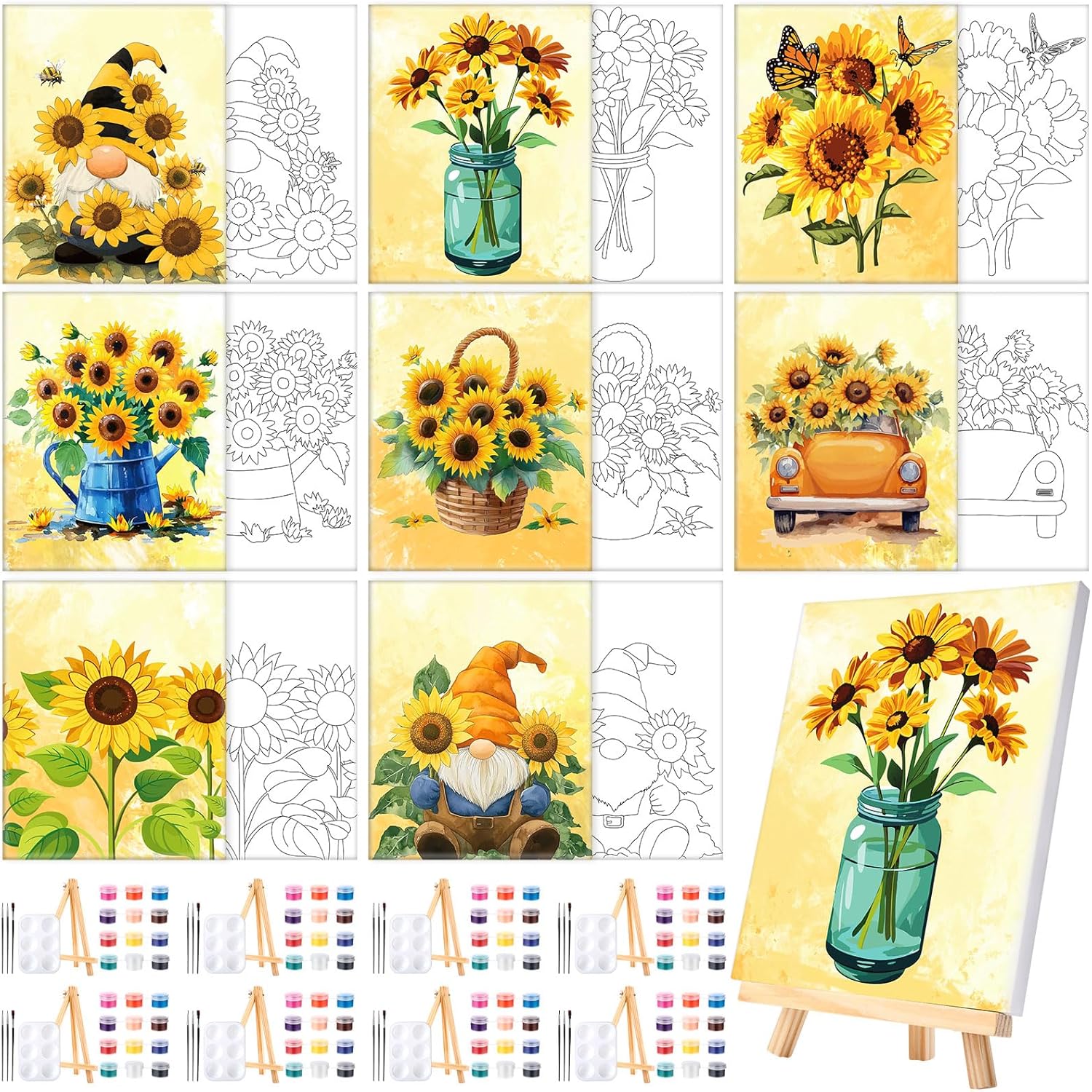 Humyoun 8 Sets 8" x 10" Sunflower Pre Drawn Canvas to Paint for Sip and Paint Party Sunflower Predrawn Coloring Set Pre Sketched Canvas Boards with Paints and Brushes for Adult