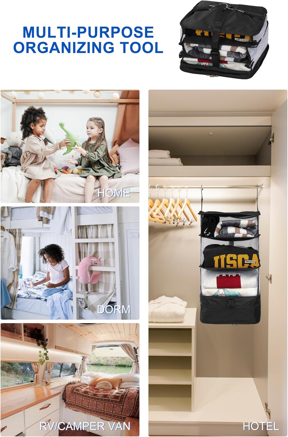 ELEZAY Hanging Packing Cubes Portable Travel Closet Collapsible Compression Clothes Organizer with Built in Shelves for Carry-on Luggage Suitcase Wardrobe Large_11.8*11.8*24 IN, Black - Image 6