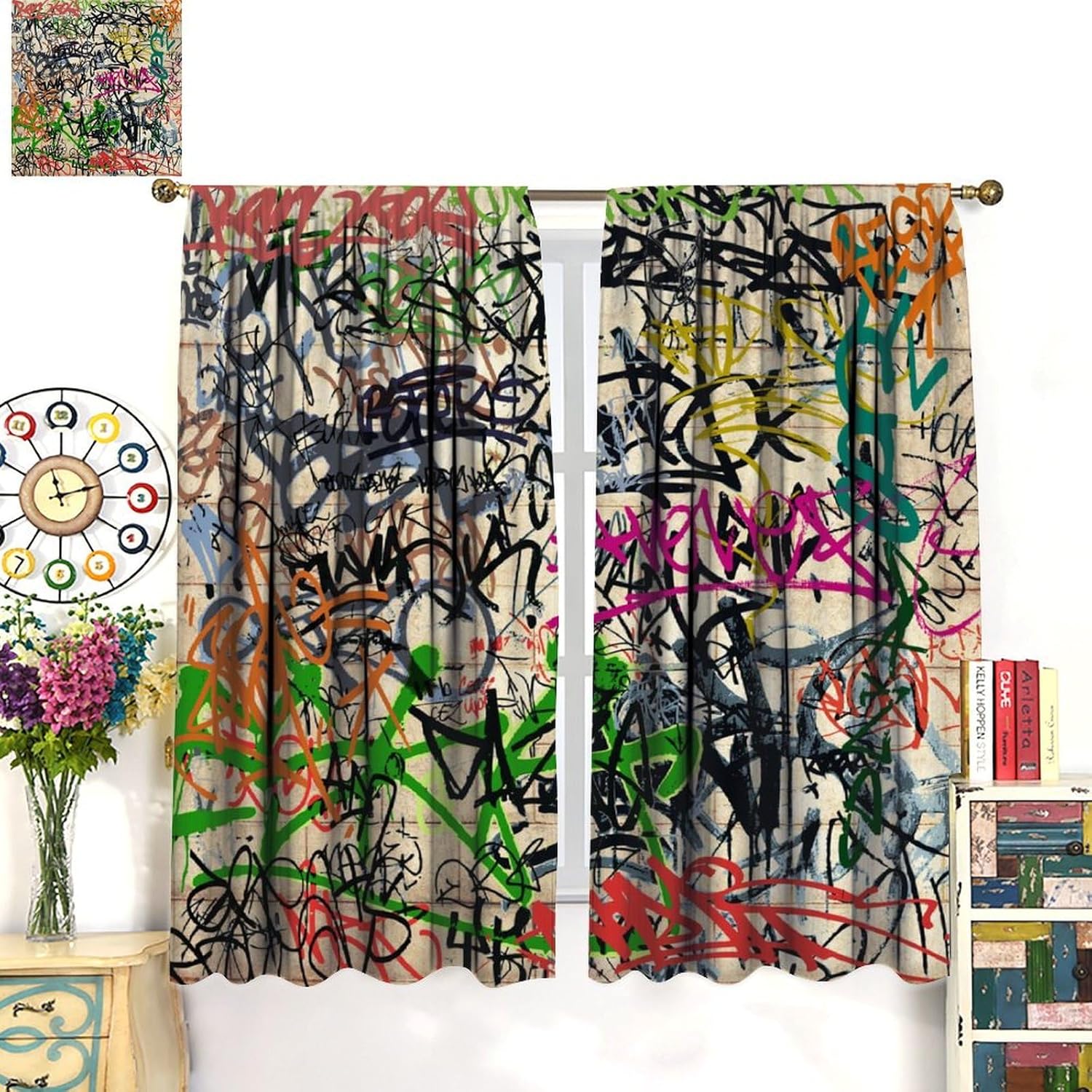 Graffiti Blackout Curtains for Boys Room,Modern Rap Graffiti Abstract Art Street Wall Symbol Lines Window Drapes Print for Kids Girls Bedroom Juvenile Room Bathroom 42x63in