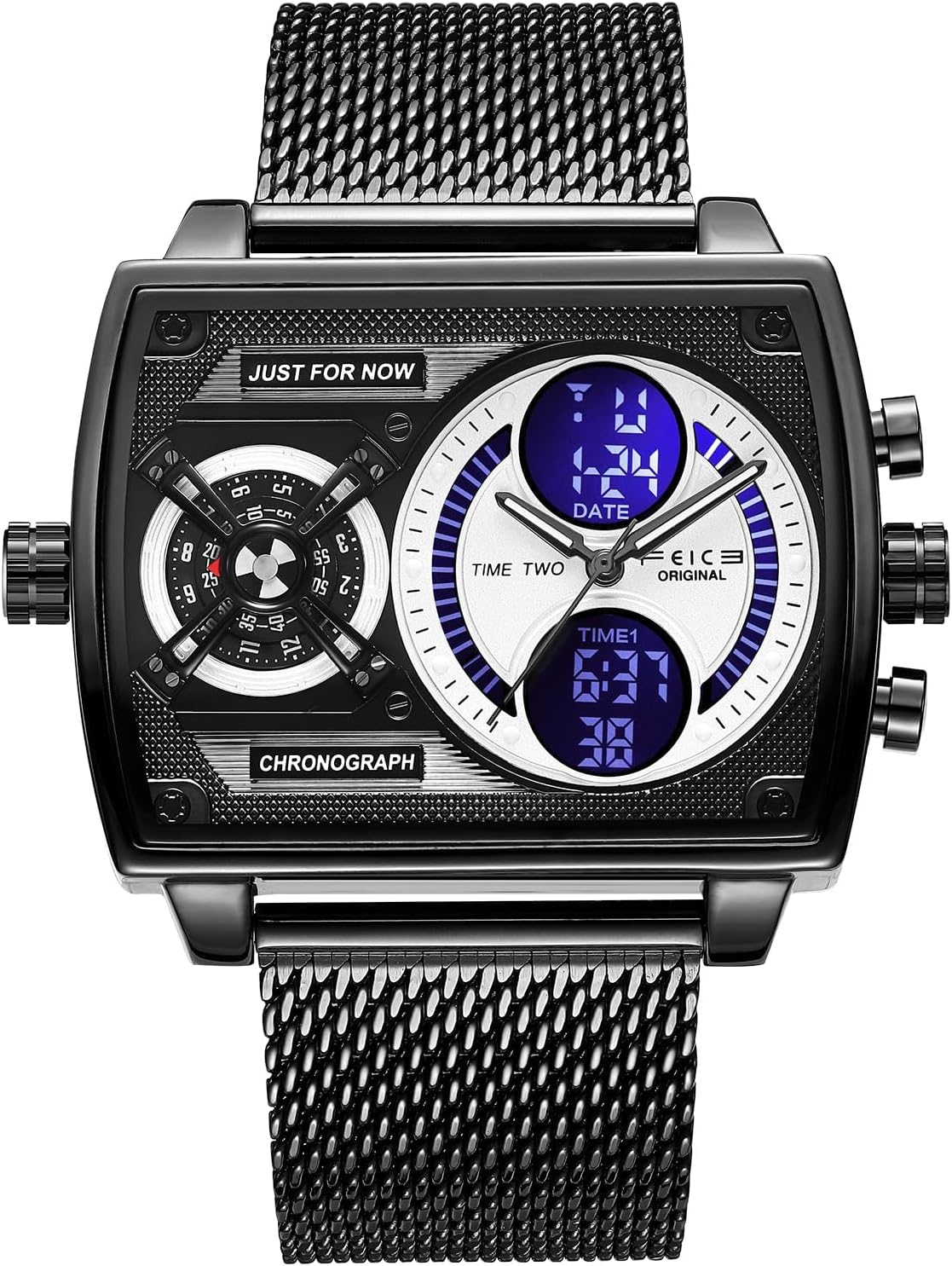 FEICE Mens Square Qaurtz Watches-Big Face Two Time Zone, Waterproof Chronograph, Alarm, Date, Stainless Steel Band Digital Analog Watch for Men