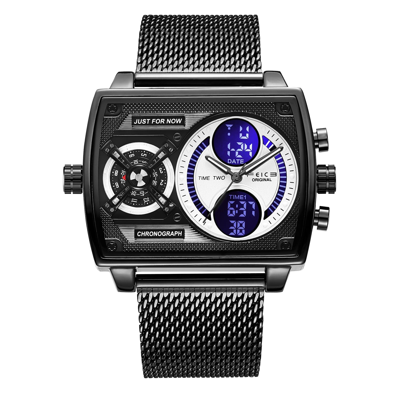 FEICE Mens Square Qaurtz Watches-Big Face Two Time Zone, Waterproof Chronograph, Alarm, Date, Stainless Steel Band Digital Analog Watch for Men