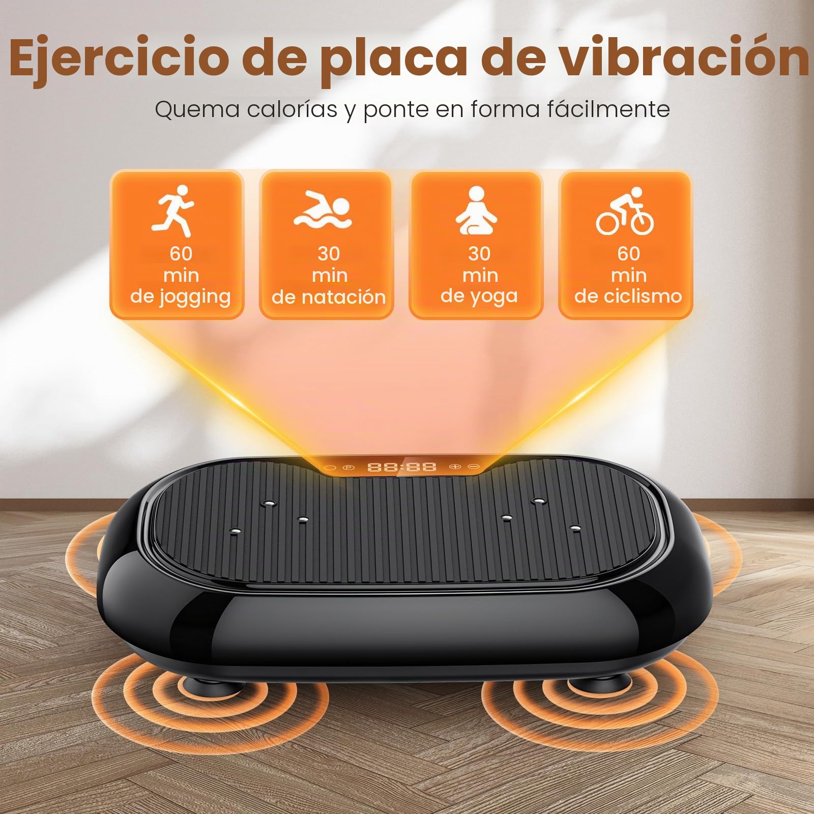 Plataforma Vibratoria, Plataforma Vibración Adelgazar con 9 Modos, 120 Niveles de Intensidadcon, 4 Bandas de Resistencia, 150 kg, Altavoz Bluetooth y Mando, para un Entrenamiento Completo del Cuerpo.