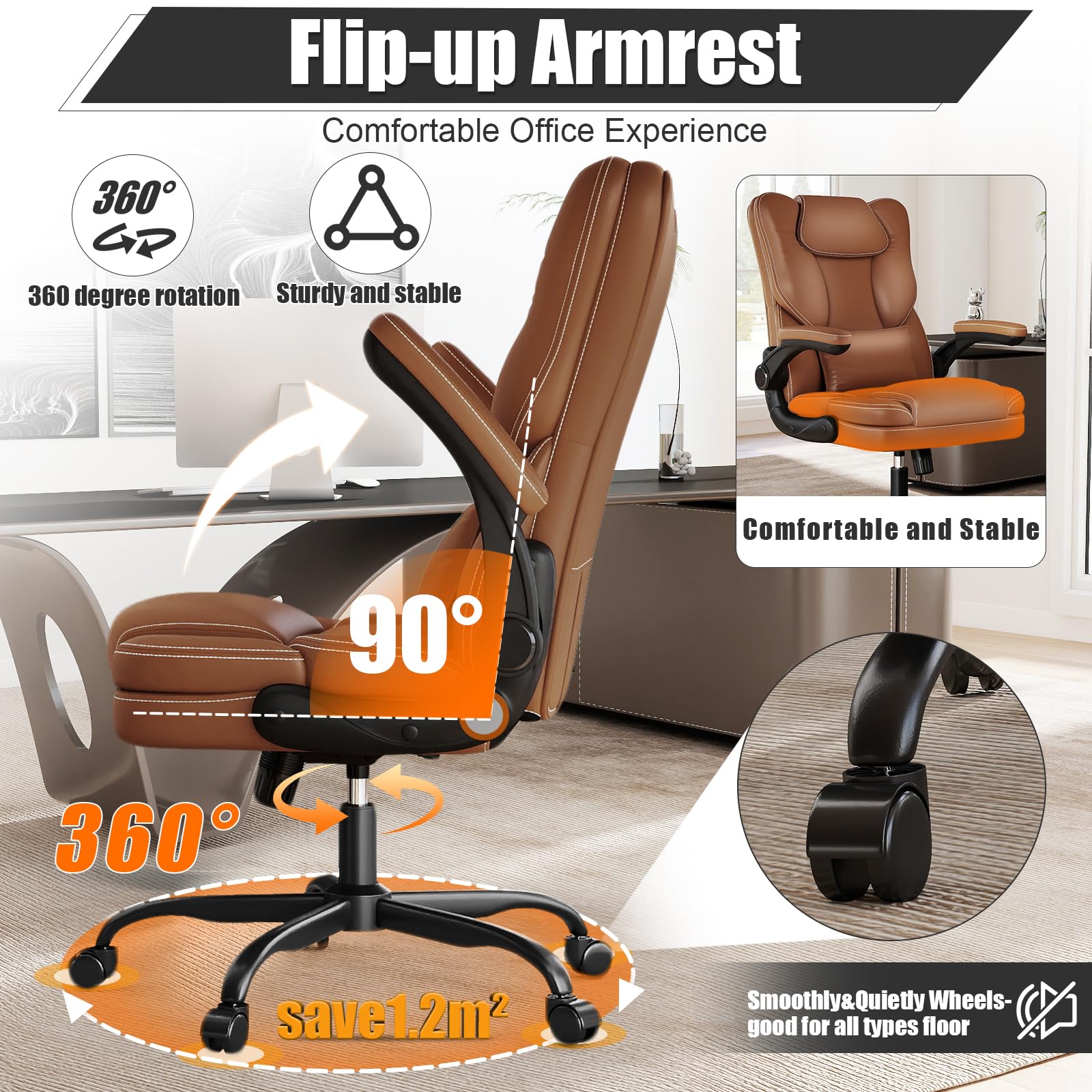 Ergonomic Office Chair with Flip-up Armrests 300lbs,Middle- Tall Computer Office Desk Chair with Lumbar Support,Executive PU Leather Chair with Rocking Function Adjustable Height for Home Office
