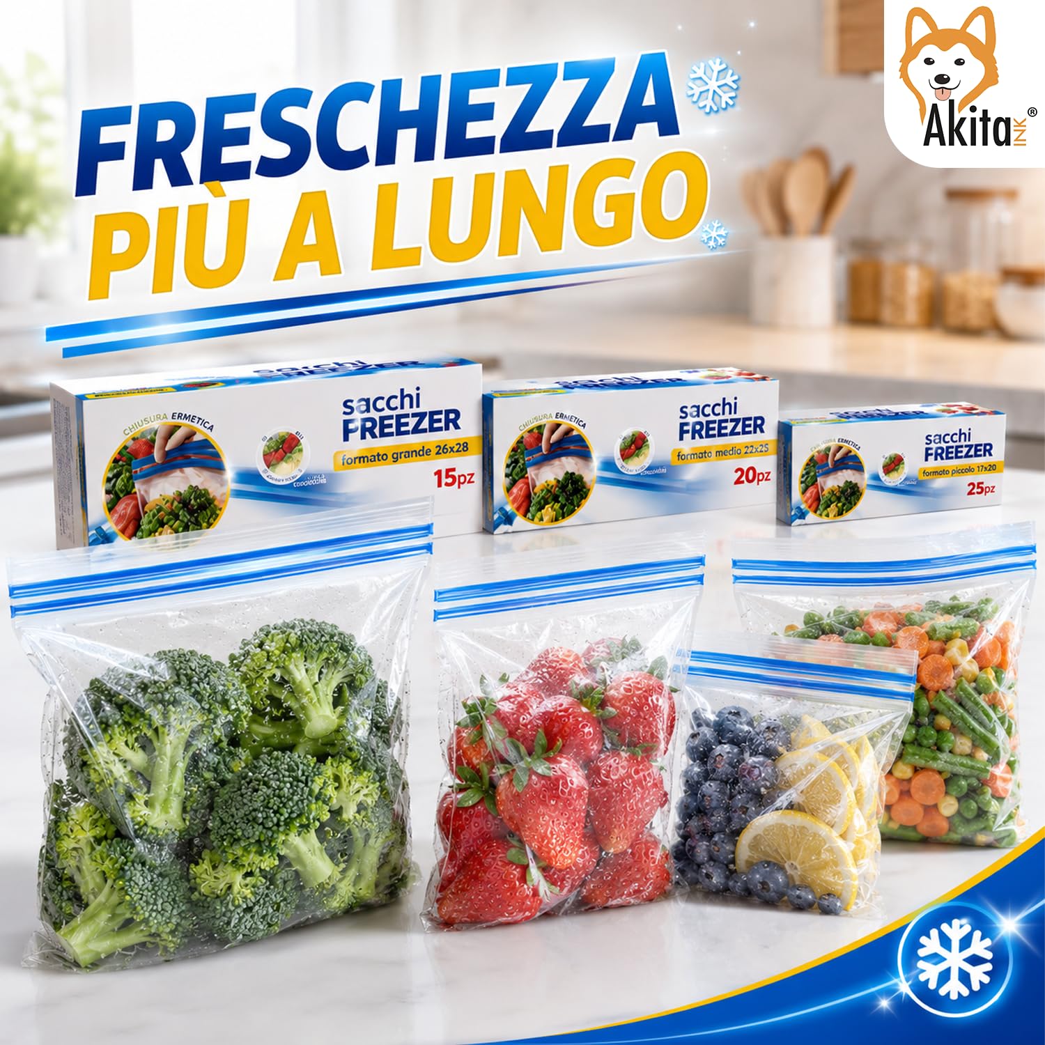 AkitaInk Set 60 Sacchetti Freezer con Chiusura Zip, Buste Gelo Alimentari Richiudibili in 3 Misure Assortite per Conservazione Cibi