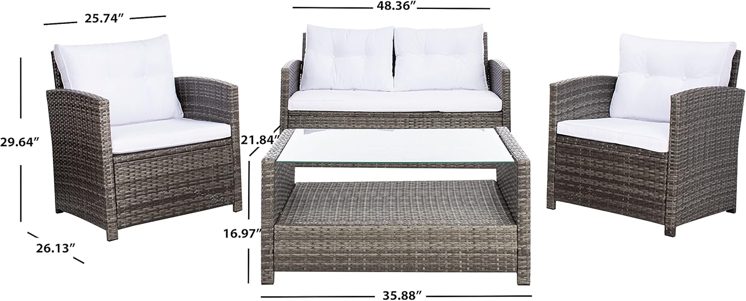 SAFAVIEH Outdoor Collection Vellor Grey Brown/White Cushion 4-Piece Conversation Patio Set PAT7516C