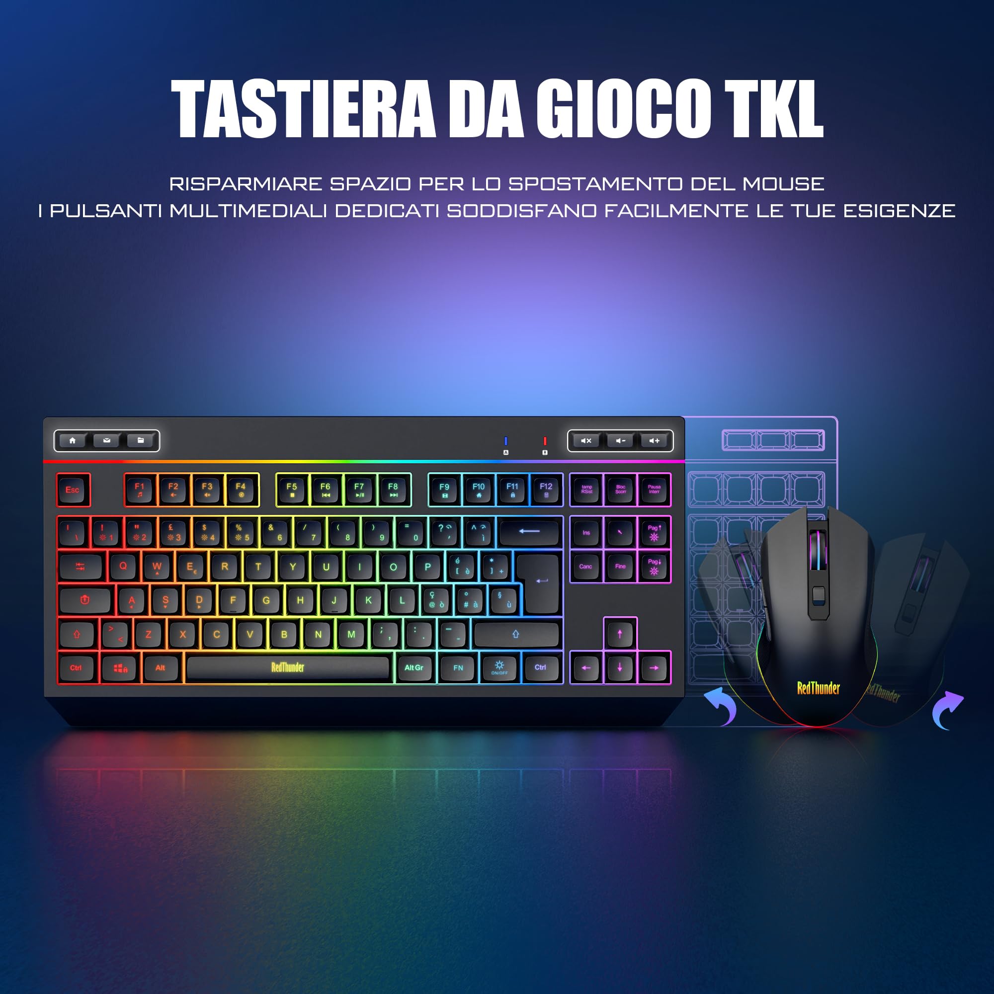 RedThunder K20 TKL Tastiera Wireless Gaming,Batteria Ricaricabile con Retroilluminazione RGB Regolabile,QWERTY Layout IT compatto con 6 tasti multimediali dedicati,USB Tastiera per PC/Laptop(Nero)