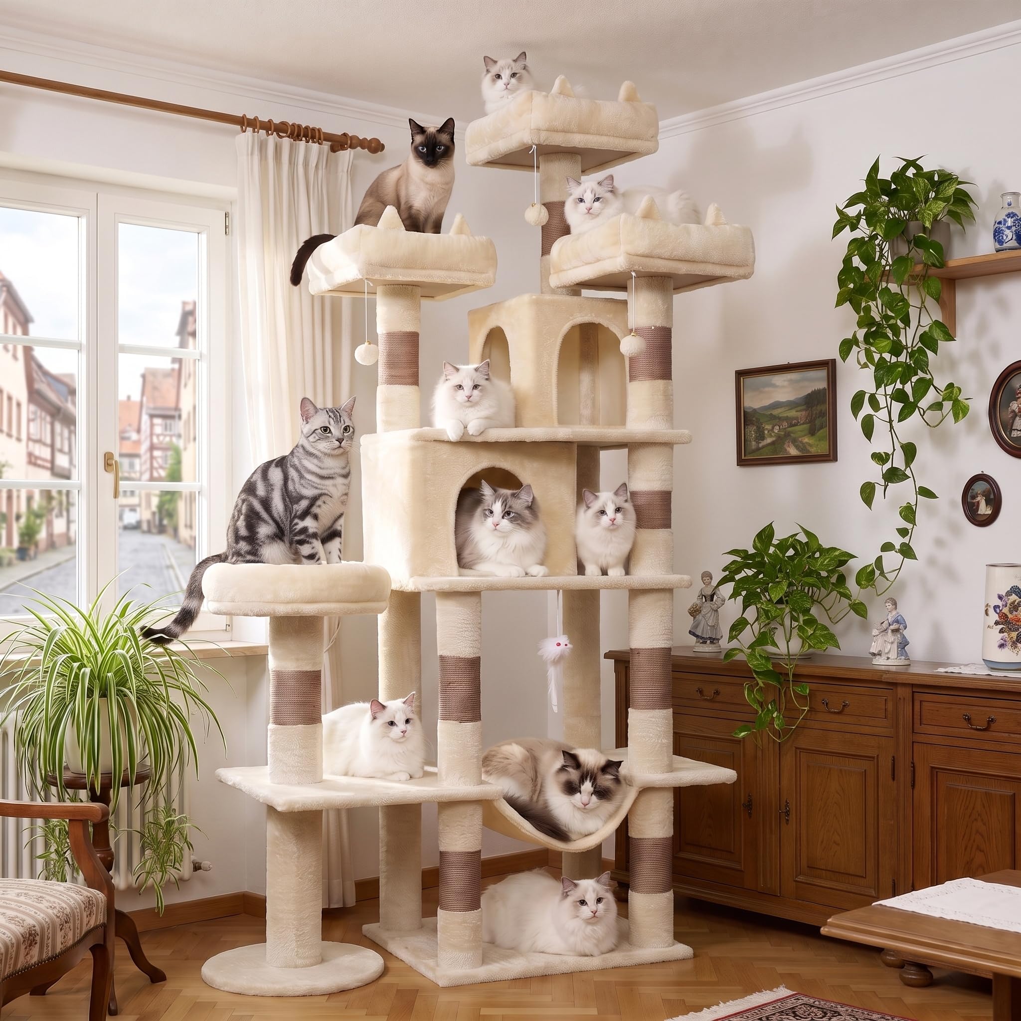LIKISAK Cat Tree, 181 cm Large Cat Tower with 3 Top Perches for Indoor Cats