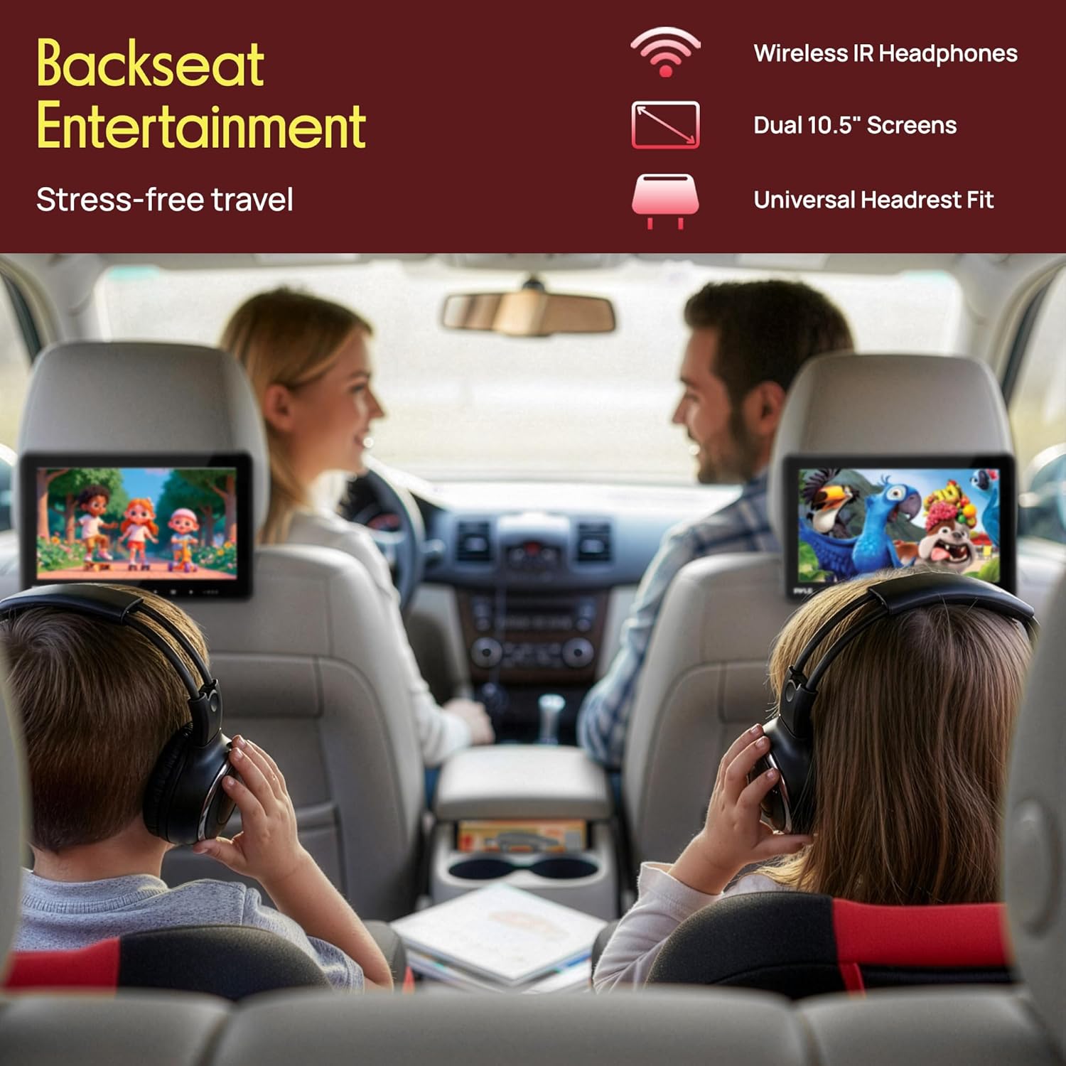 Pyle PLHRDVD108KT 10.5-Inch Universal Headrest Monitors with DVD Players, IR and FM Transmitters and Wireless Headphones