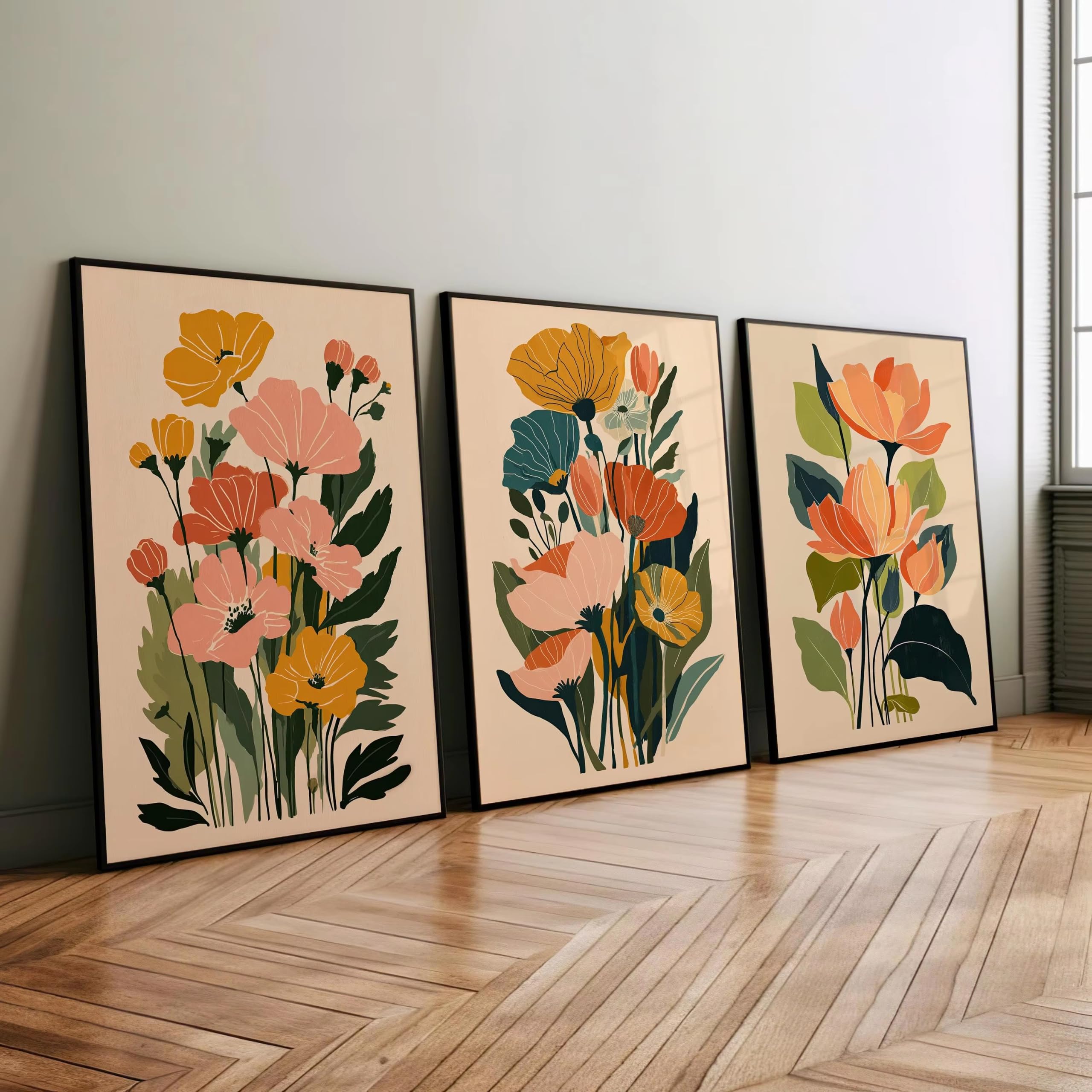 awtrhfc Modern Boho Abstract Flowers Set of 3 Canvas Print, Abstract Floral Print, Retro Vintage Poster(20x30cm(8x12in) x3/No frame)