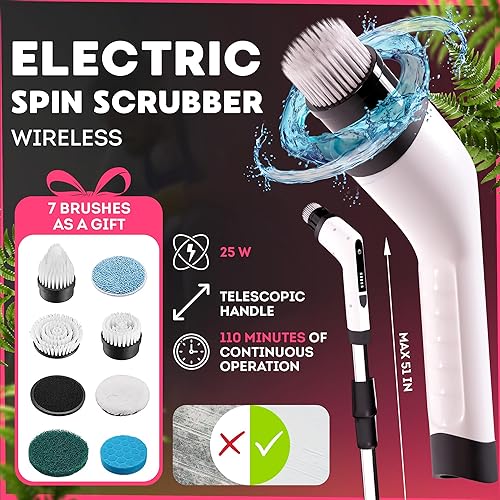 Miniatura 2 de Paquete de 12 fregadores eléctricos portátiles para limpiar baño, cocina, automóvil, blanco 7 en 1 con mango largo, potente limpiador eléctrico de