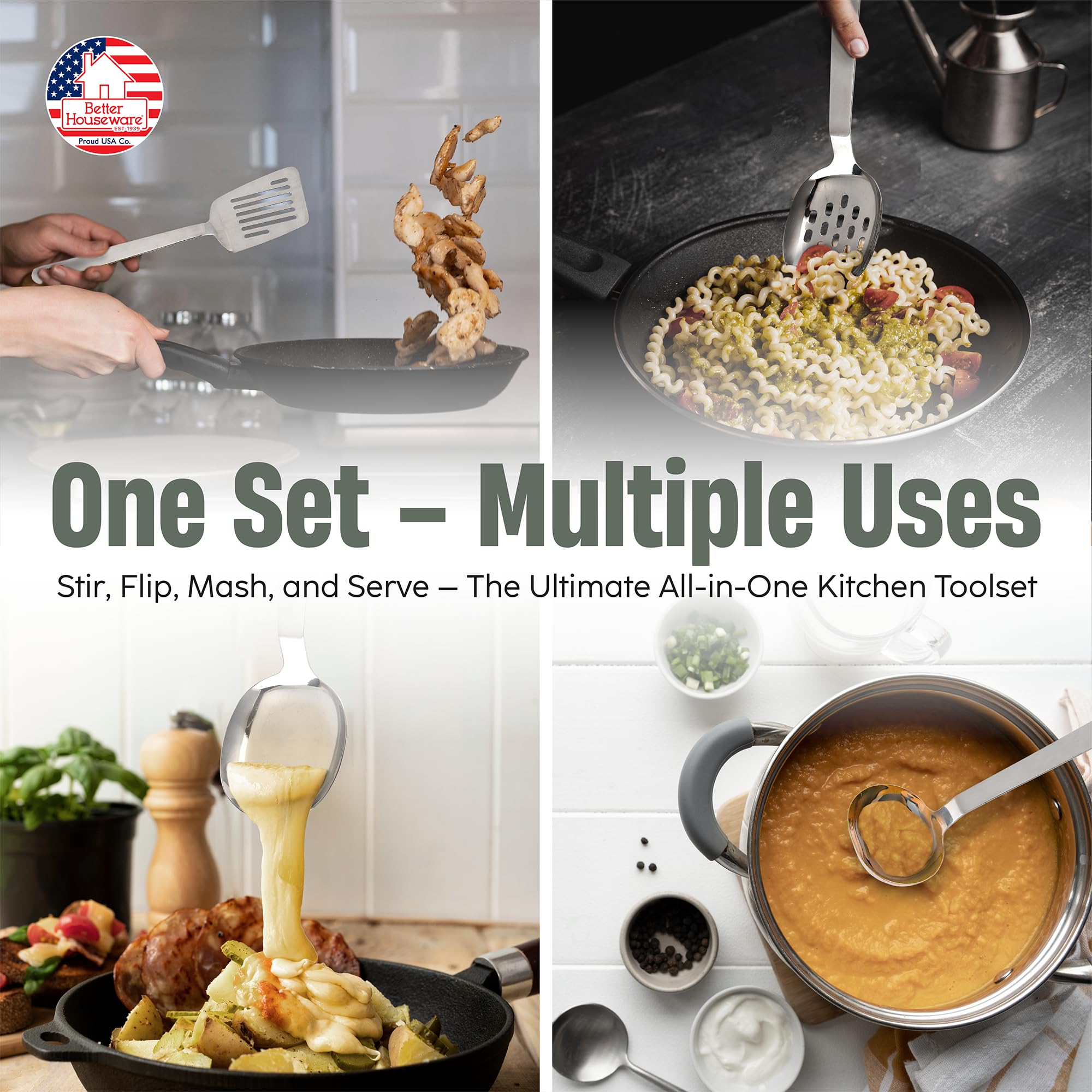 Better Houseware Kitchen Utensils Set Stainless Steel – 5-Piece Stainless Steel Cooking Utensils – Potato Masher, Solid Spoon, Slotted Turner, Perforated Spoon, Gravy Ladle