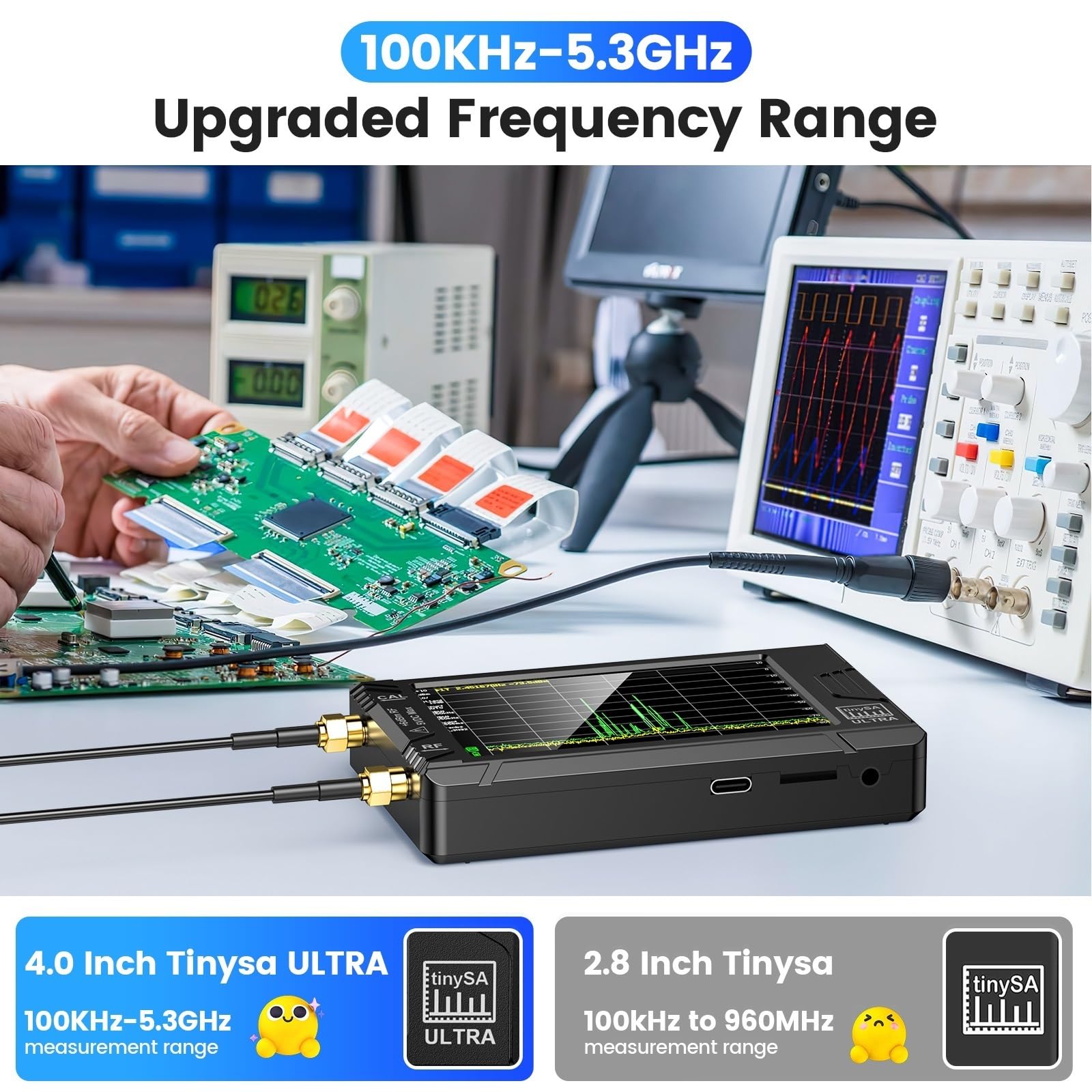 Analizzatore di spettro, Analizzatore di spettro ULTRA Display da 4" 100 kHz a 5,3 GHz con scheda 32 GB Versione V0.4..1 Tester rete interna