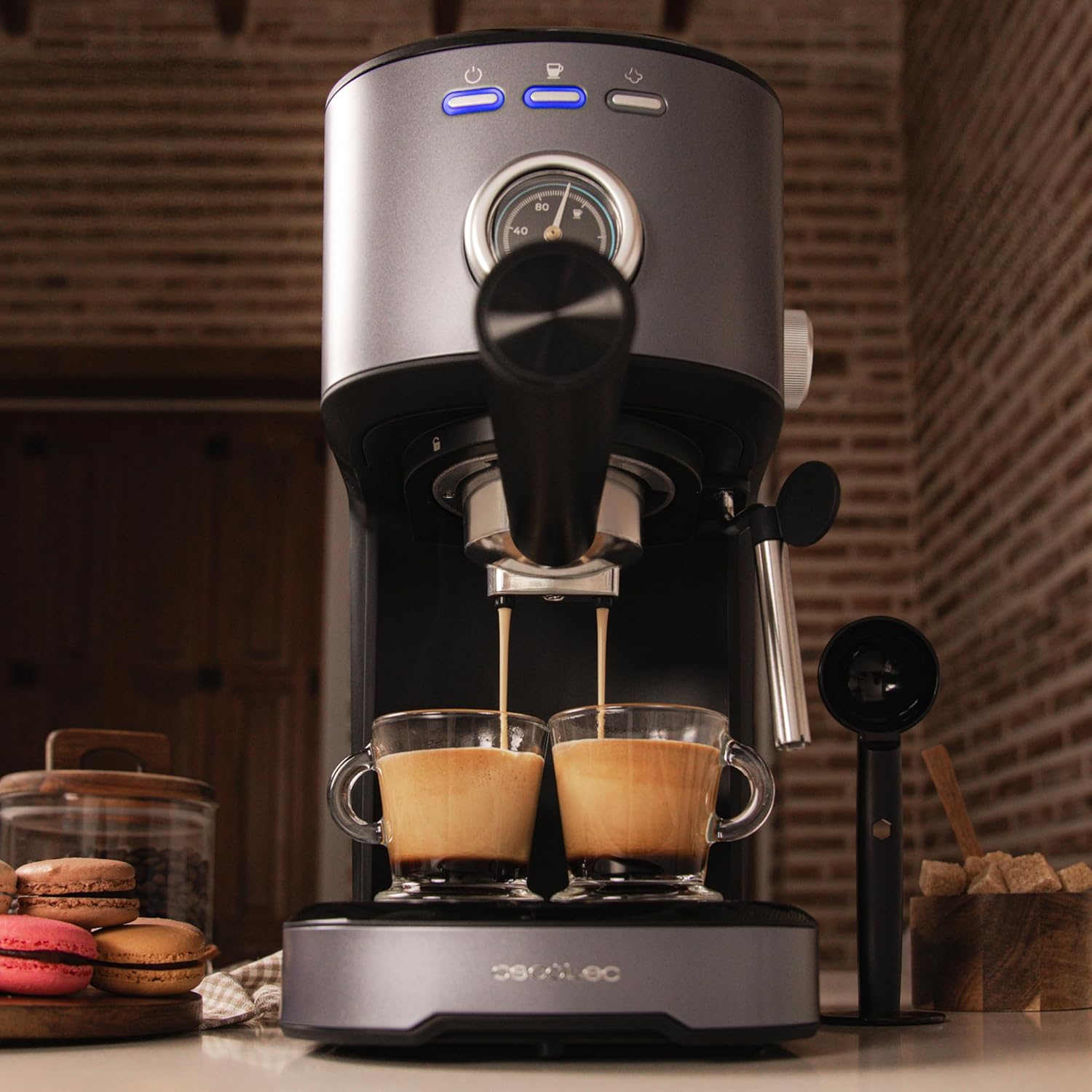 Cecotec Power Espresso 20 coffee maker brewing two cups of espresso simultaneously.