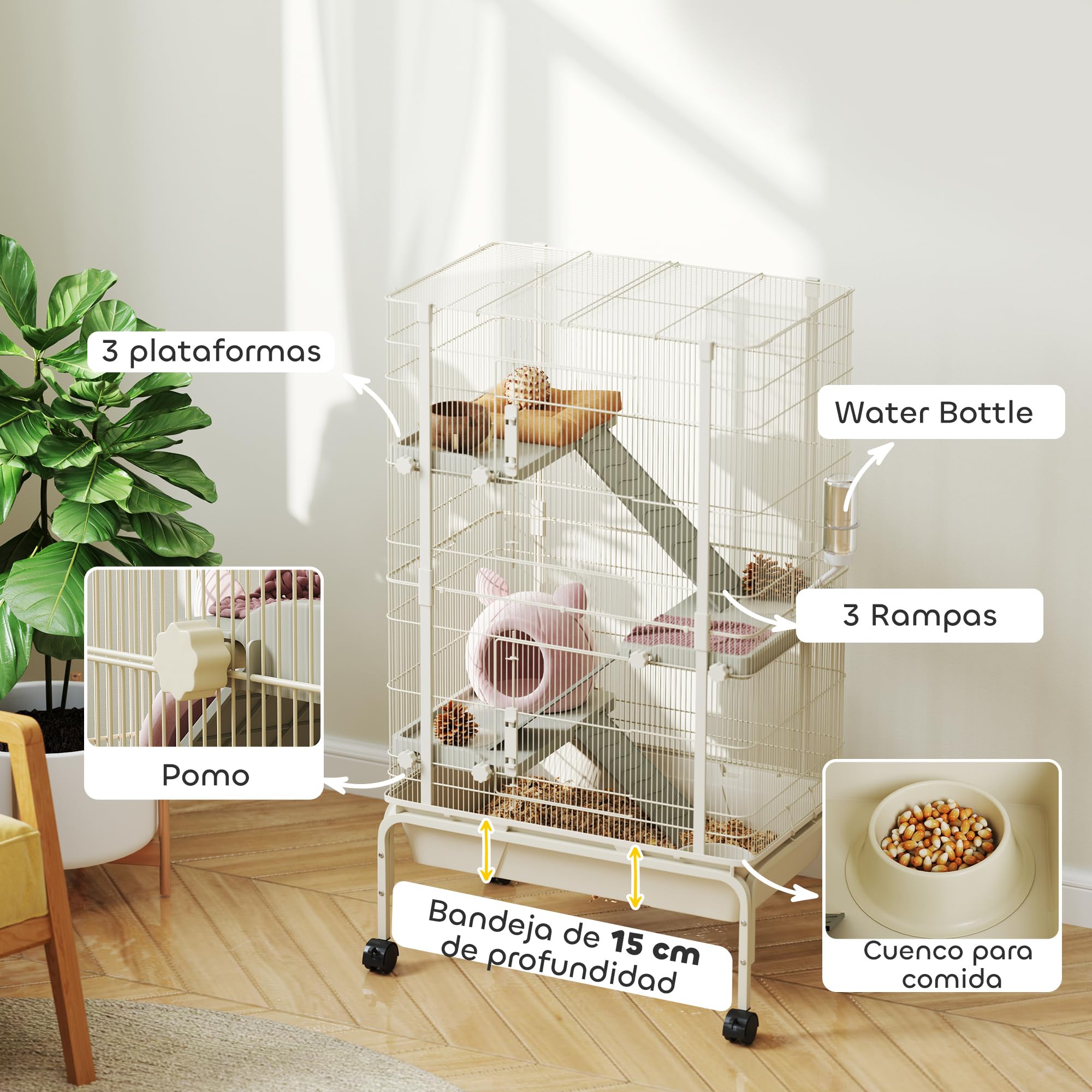 PawHut Jaula para Animales Pequeños de 4 Niveles Jaula para Roedores con Ruedas Rampas Cuenco Botella de Agua y Bandeja Extraíble Recinto para Conejos Chinchillas Hurones Cobayo 69x44x120 cm Beige