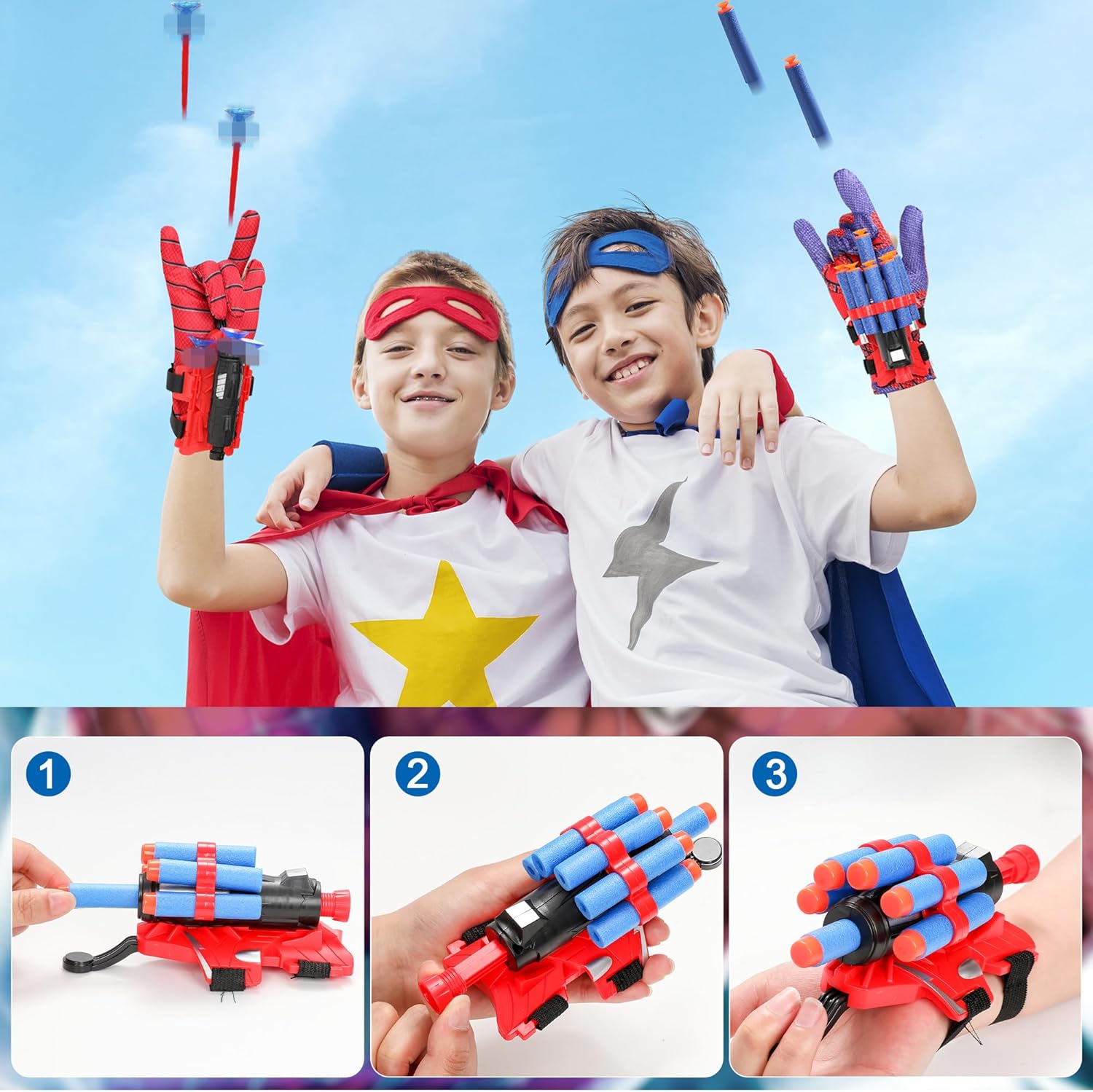 Spider Web Shooter & Wrist Launcher Toy Set, Cartoon Web String Cosplay Costume Set for Kids, Includes Spider Web Shooters Hero Masks Capes Target for Christmas Birthday Role-Playing Gifts - Image 5