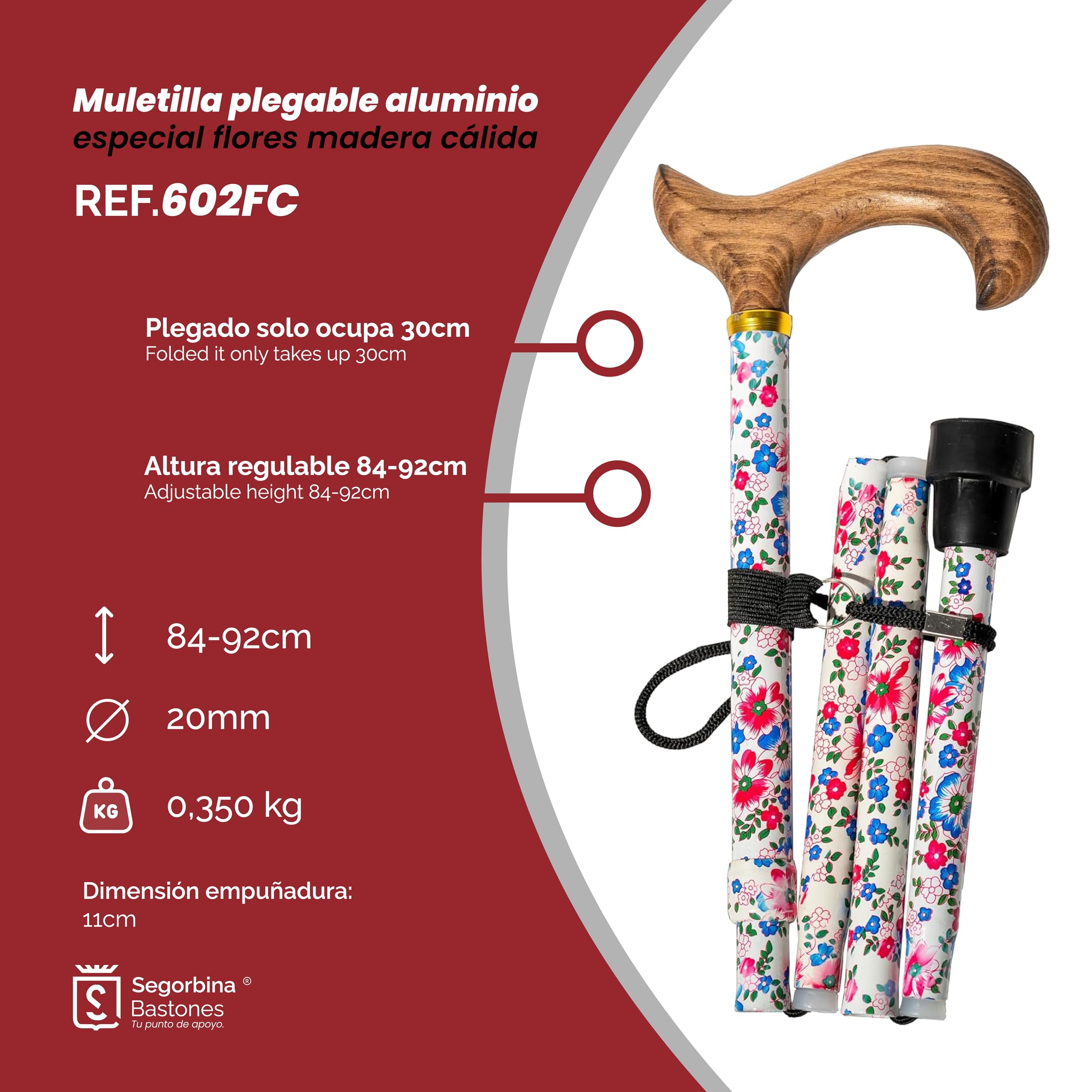 Bastone da Appoggio in Alluminio Pieghevole, Finitura a Fiori e Impugnatura in Legno Calda. Regolabile in Altezza 84-92cm. Bastone per Borsa o Valigia Solo 30cm Piegato (602FC)