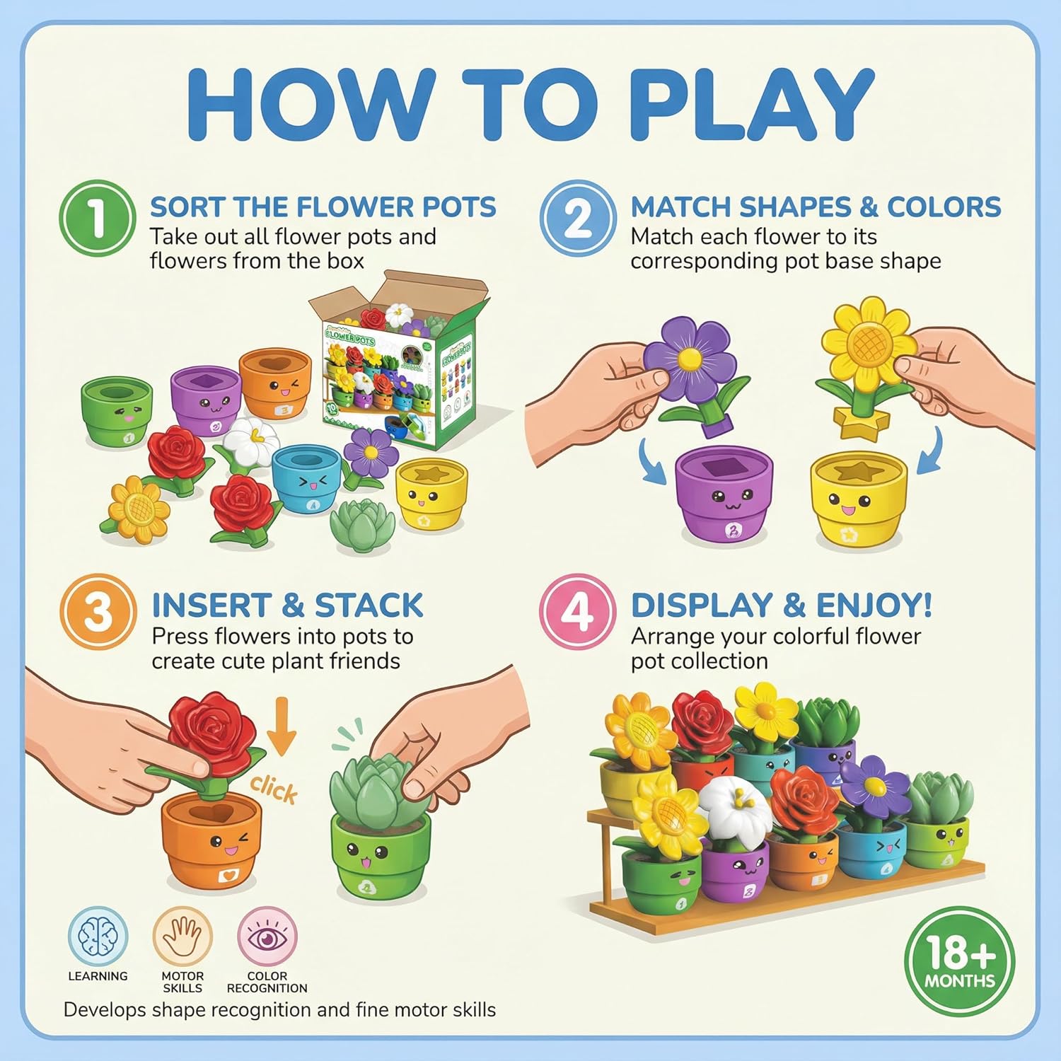 GEERAY 5 Sets Montessori Toddler Flower Garden Toys, Color Shape Sorting & Matching Game for Kids, Spring Toy Sensory Gardening Gift for 1 2 3 Year Old Girls & Boys, Preschool Classroom Learning