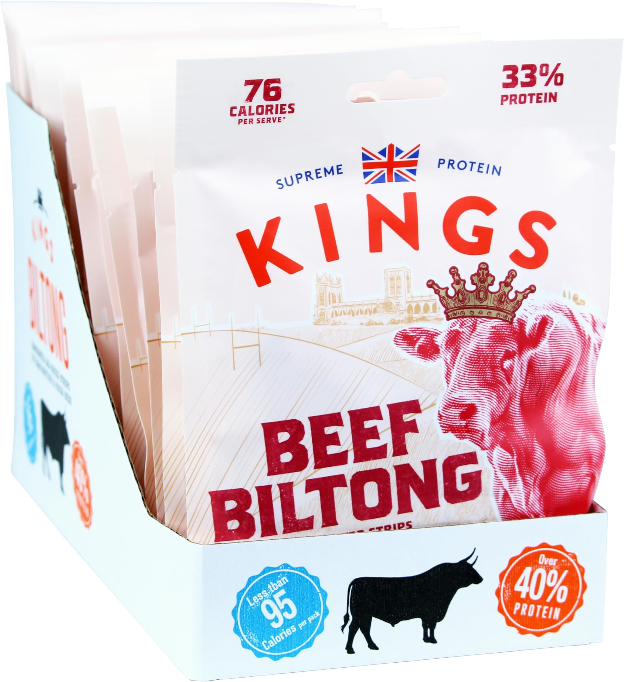 Kings - Beef Biltong - Rib Eye Flavour - High Protein Meat Snack - Box of 16 x 35 g Packs