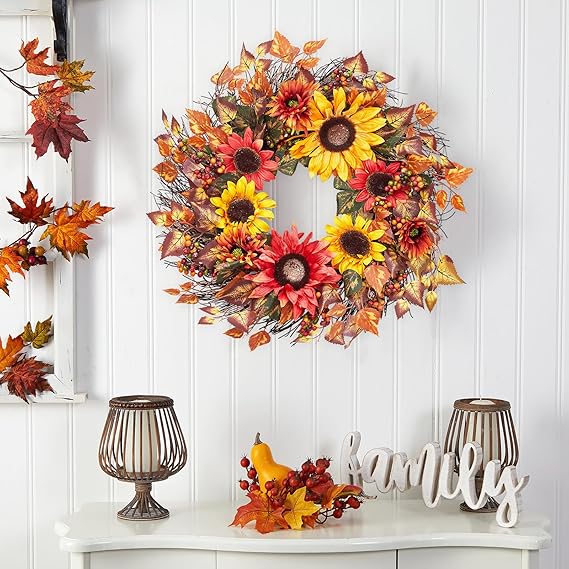 24 Inch Front Door Fall Wreath, Harvest Wreath Decor with