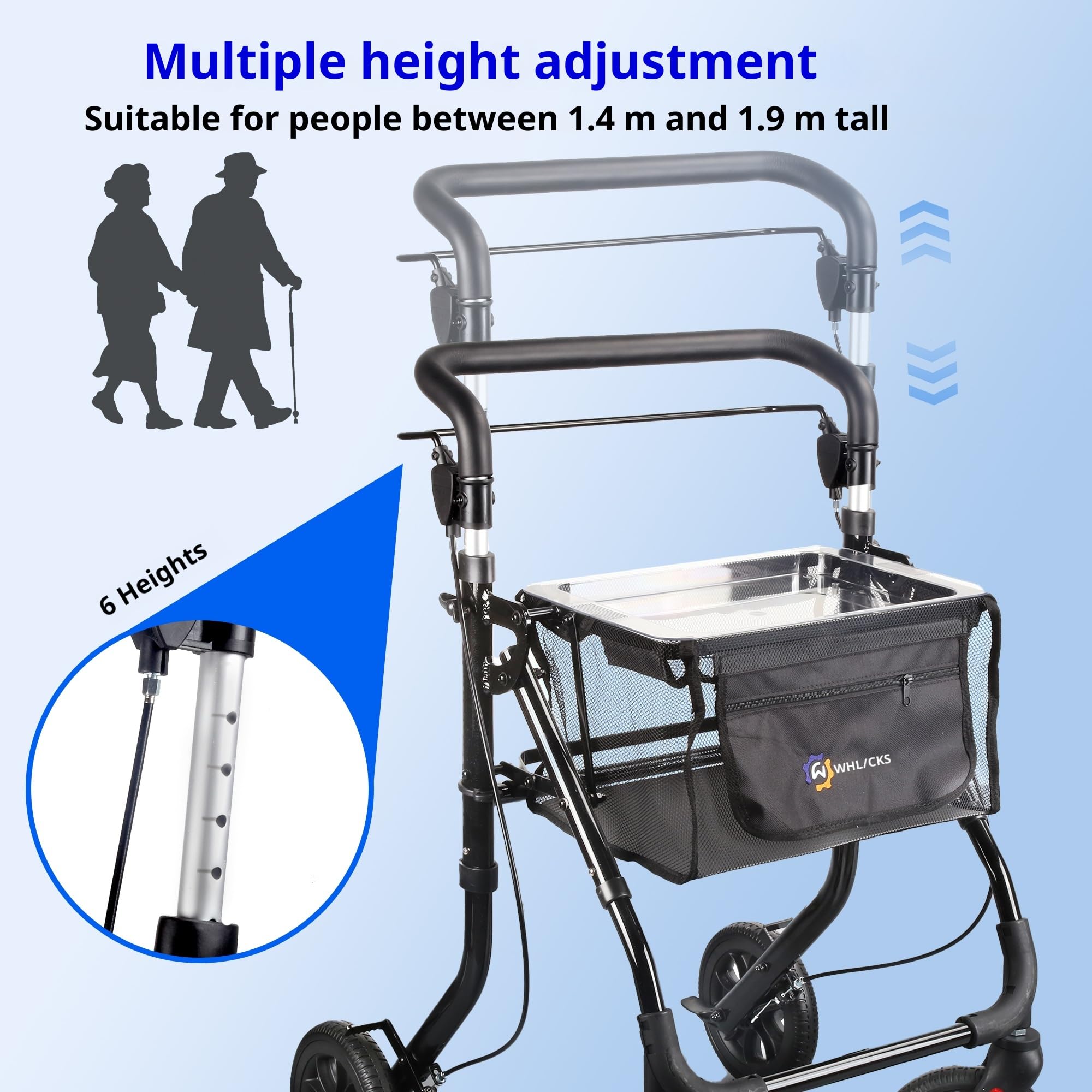 Andador compacto para interior, plegable y ligero con bandeja, auxiliar de movilidad para adultos mayores en aluminio, con cesta, maniobrable para hogar