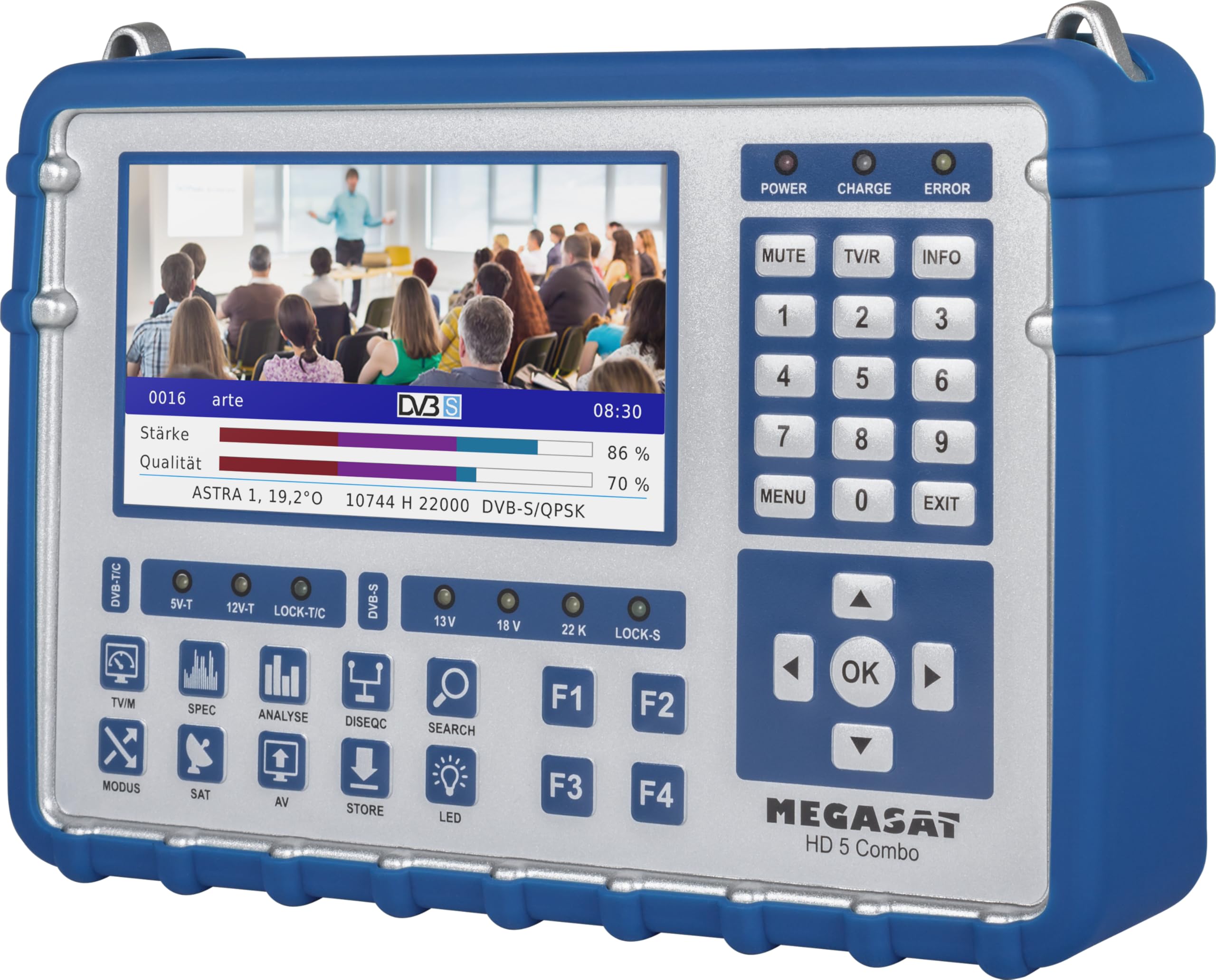 Megasat HD 5 Combo – Appareil de Mesure (pour DVB-S, DVB-S2, DVB-T, DVB-T2, DVB-C, Affichage en Direct TV, Unicable, écran Couleur 5″, Batterie, Lampe)
