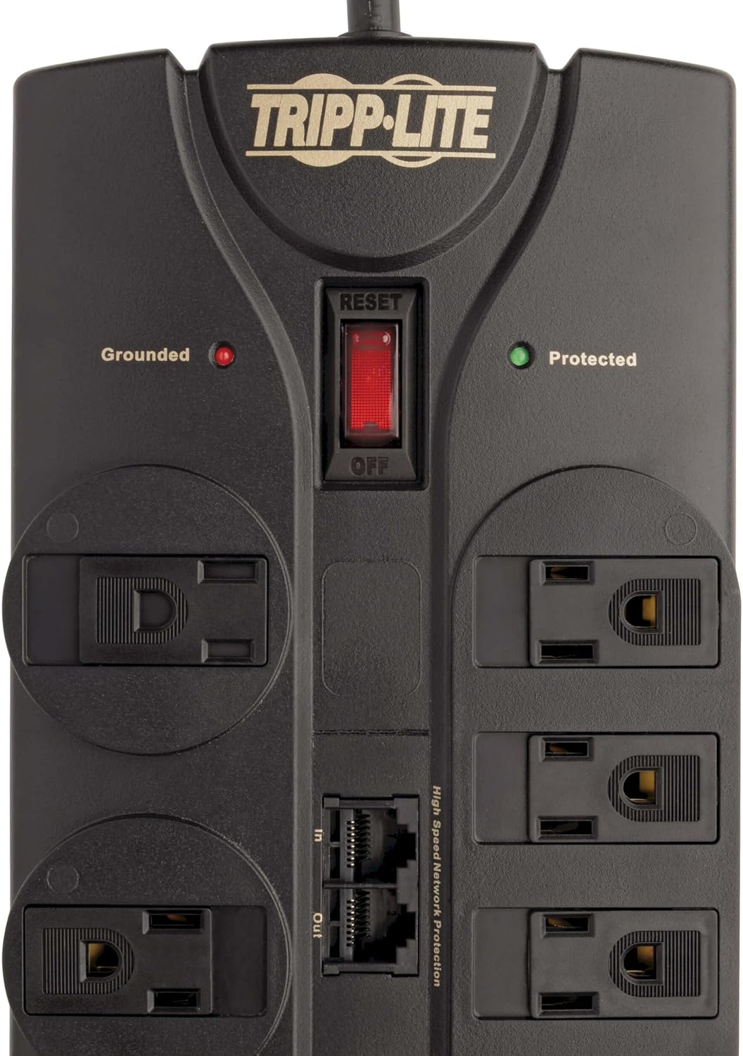 Tripp Lite 8 Outlet Surge Protector Power Strip, 10ft Cord, Right-Angle Plug, Tel/Modem/Coax/Ethernet Protection, RJ11, RJ45, & $250,000 INSURANCE (TLP810NET) Grey