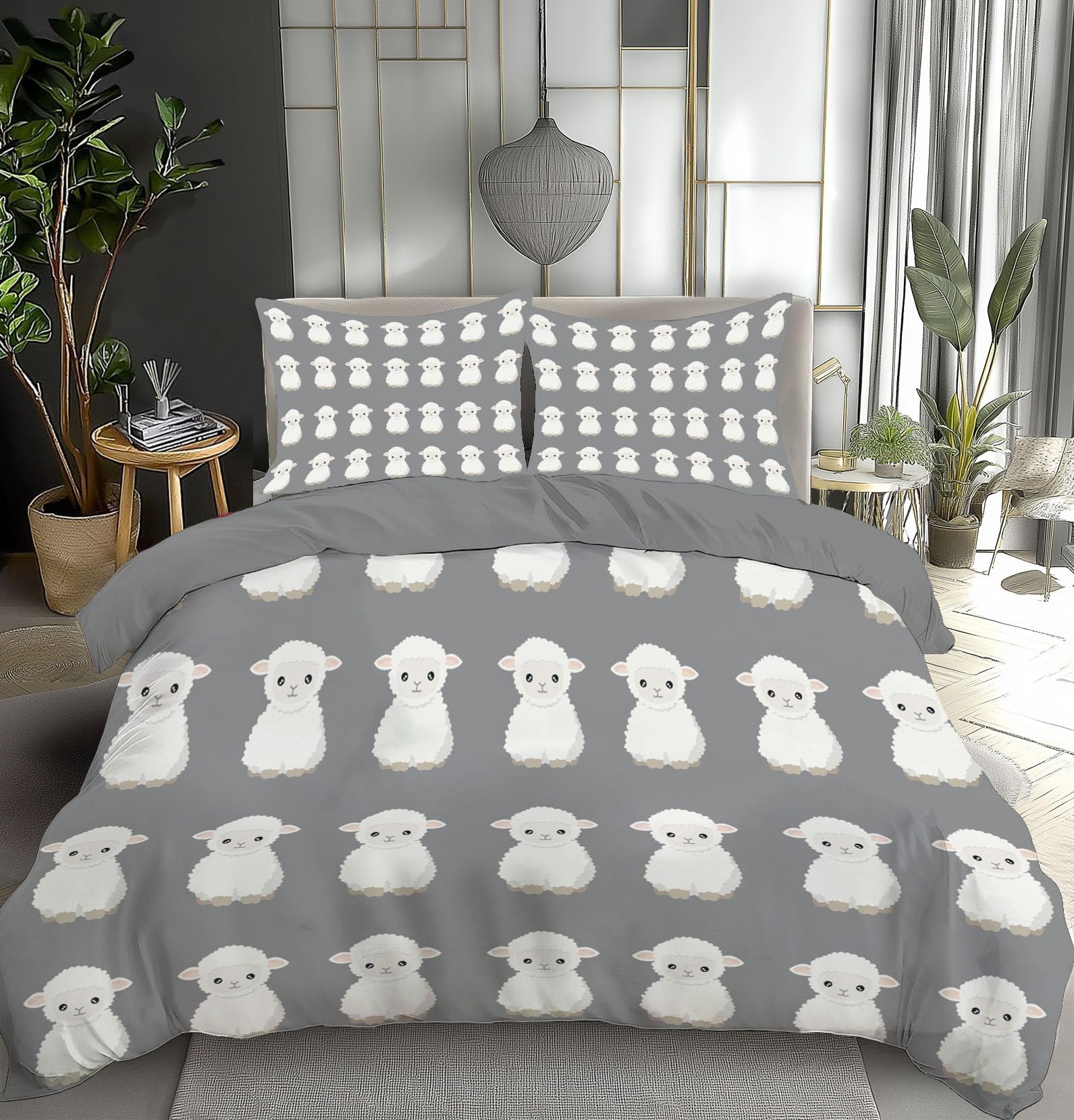 Parure de lit animal agneau gris en microfibre 220x240 cm avec 2 taies d'oreiller