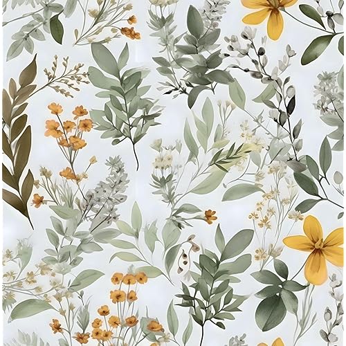 Wallpaper Peel and Stick Green Leaves, Vintage Floral Leaf Contact Paper,Yellow Flower Wall Paper Self Adhesive Removable Waterproof for Room Bedroom Walls Shelves Cabinet Table Decor 17.5" x 393.7"