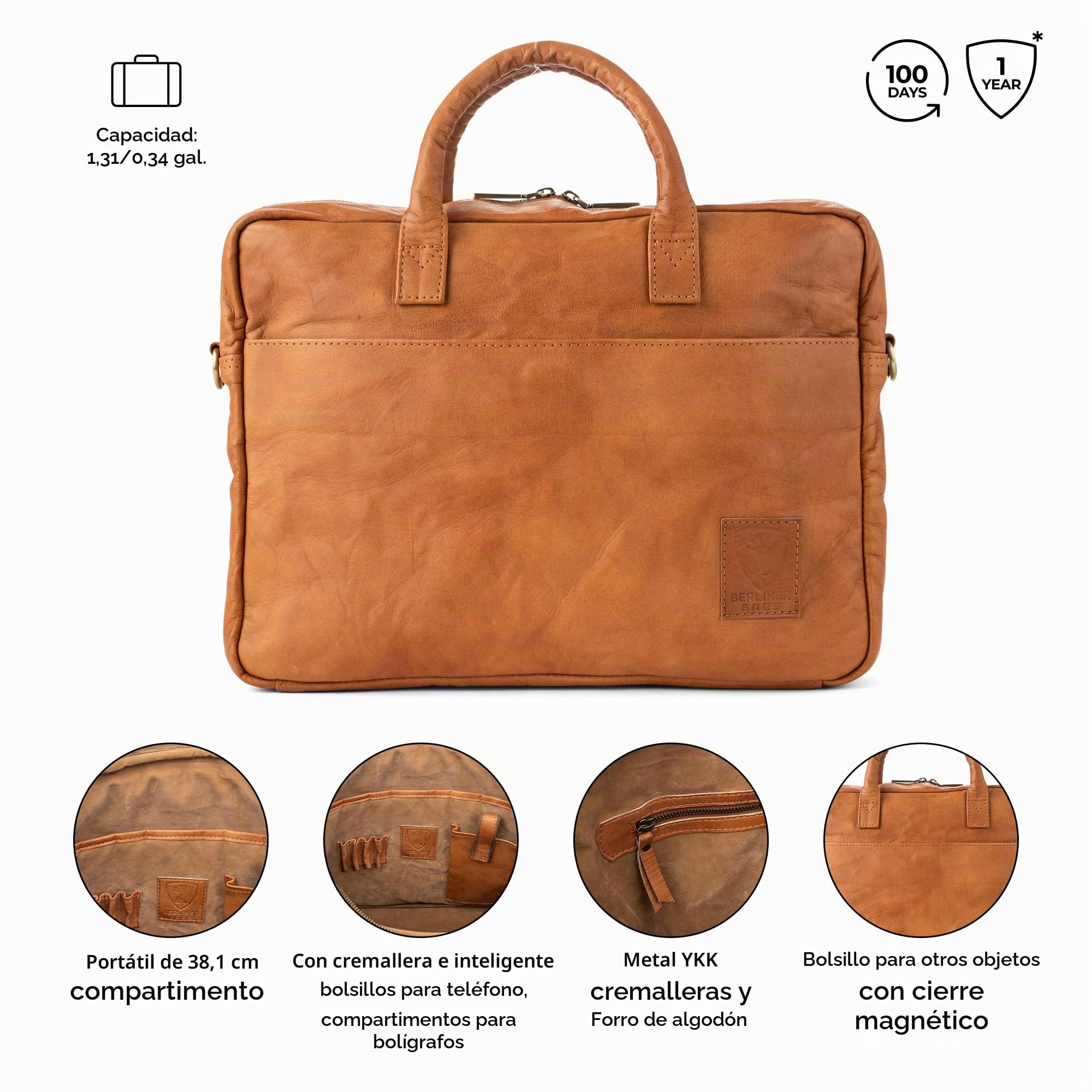 Berliner Bags Madrid Bolso de Piel Auténtica para Portátil de 15” con Múltiples Bolsillos y Correa Ajustable, para Hombre y Mujer – Marrón