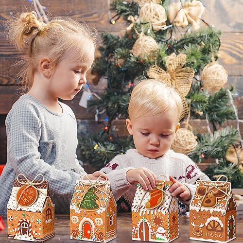 Miniatura 7 de Blulu 60 cajas de galletas de Navidad con etiquetas, caja de regalo de casa de pan de jengibre con cuerda de papel kraft, recipientes pequeños de