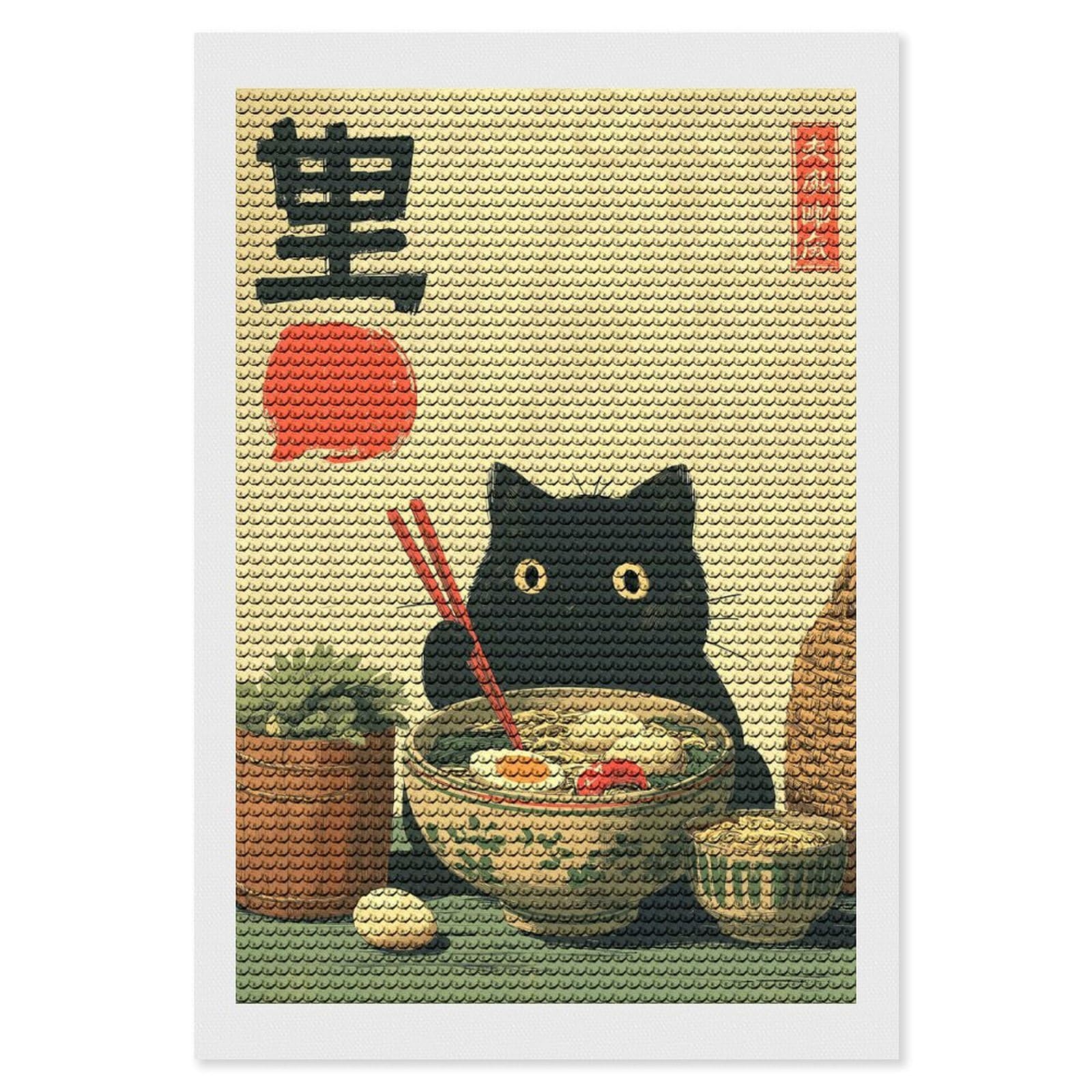 Junmoney Black Cat with Ramen Bowl Art Diamond Art Kit 8"x12", Creative Leisure Activity, Complete Accessories, Vintage Style Decor, for Women