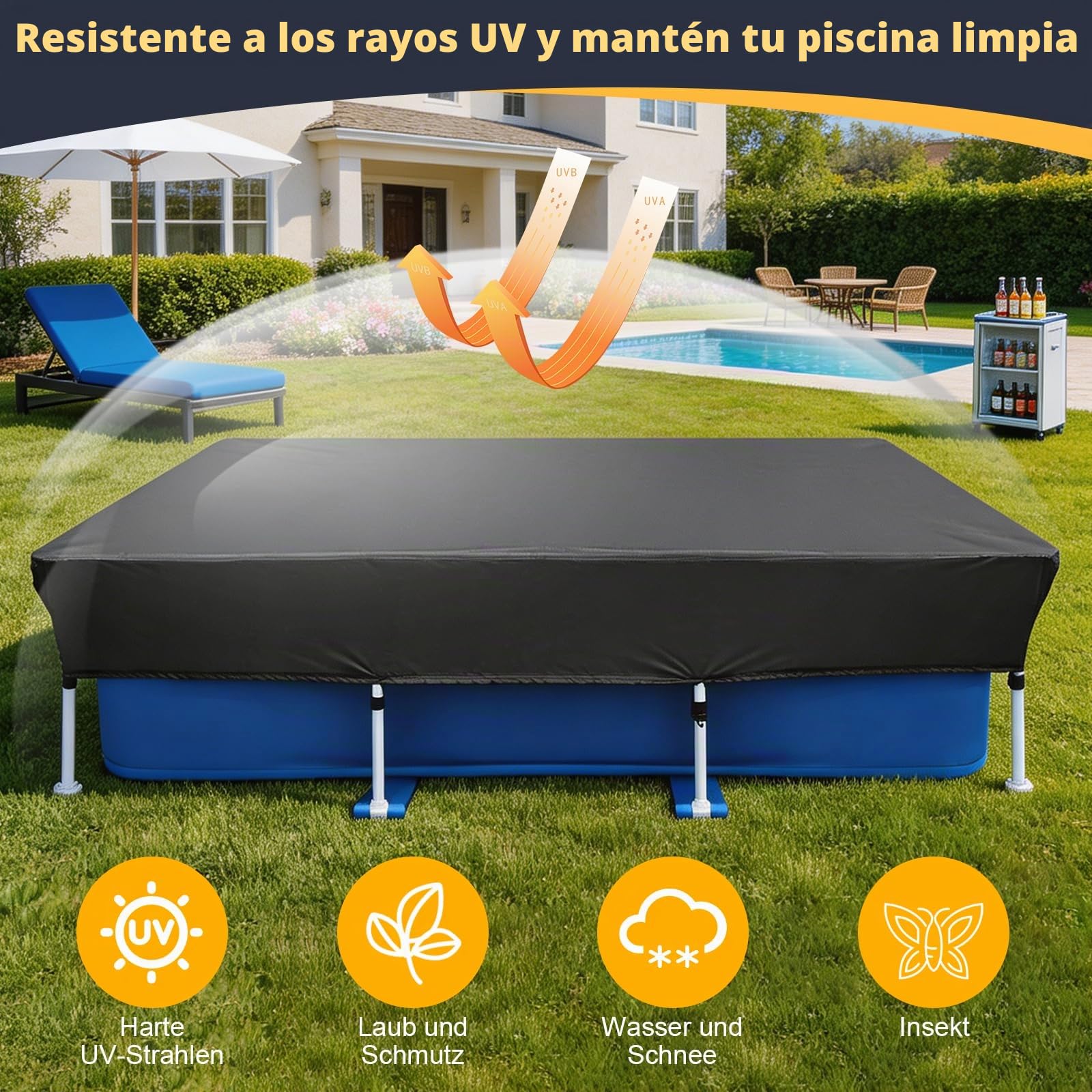 Cubierta de piscina rectangular, con cordones, para piscina con marco rectangular, resistente al polvo, impermeable, cubierta de piscina rectangular, protección UV, marco de piscina (400 x 215 cm)