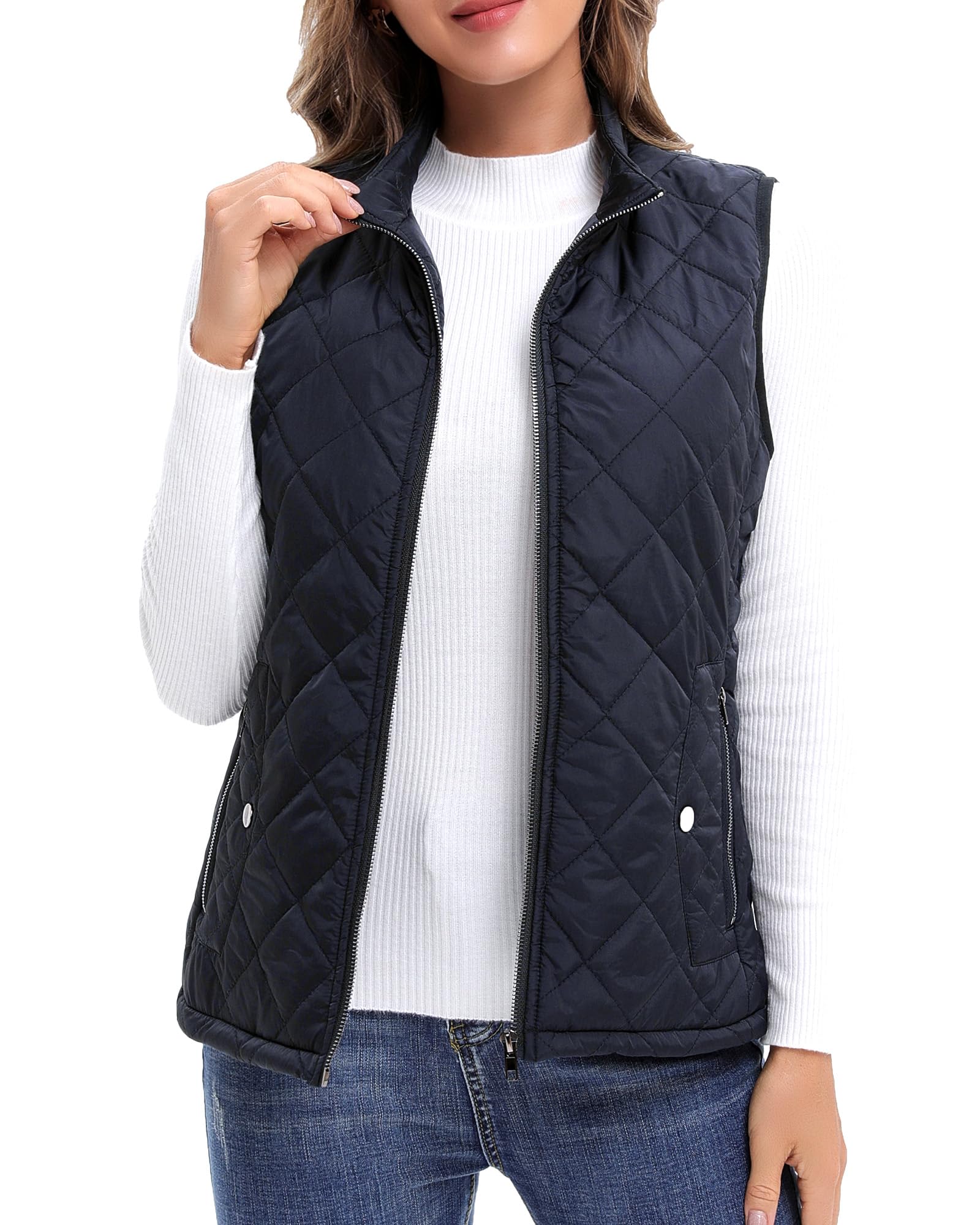 Argstar - Chaleco acolchado para mujer (cuello alto, bolsillos con cremallera) - Azul - X-Large