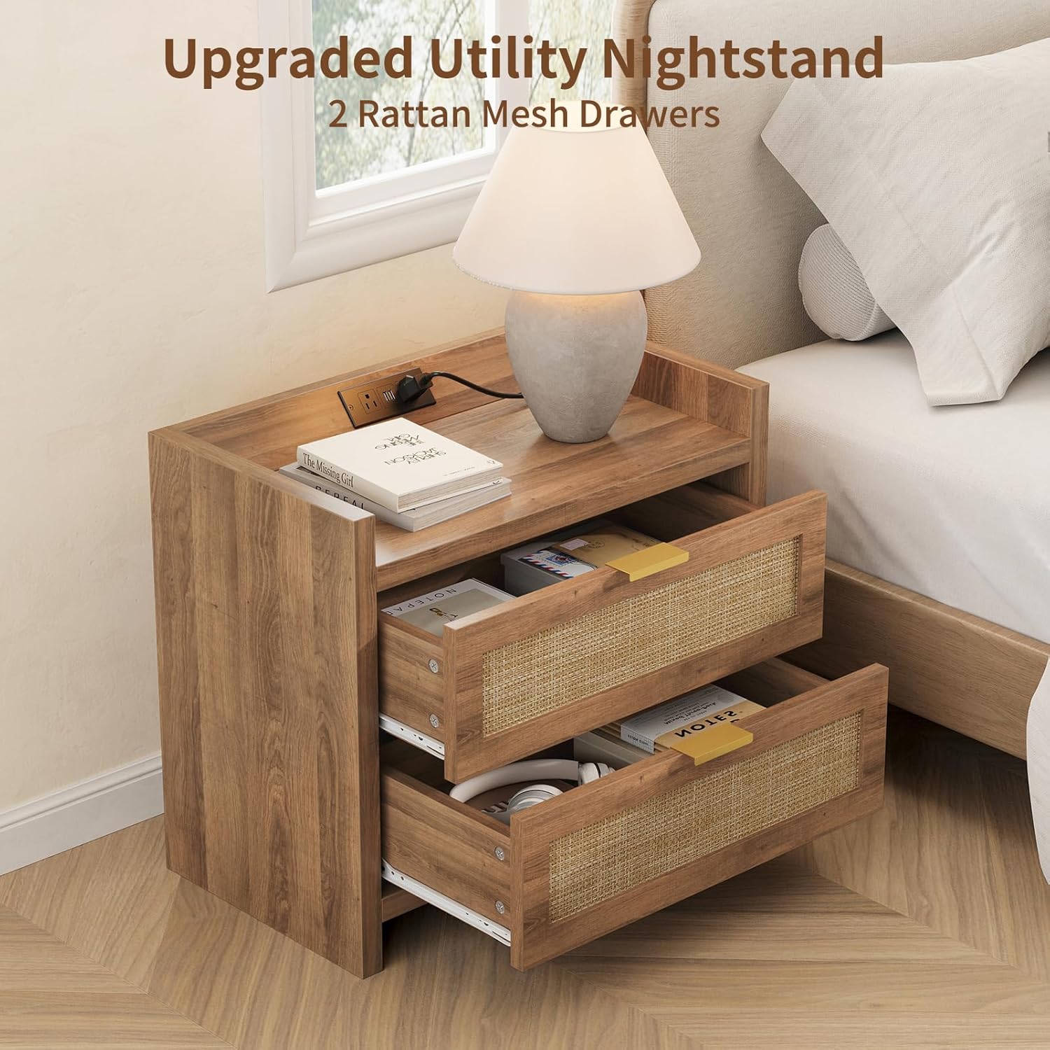 Rattan Night Stand with Charging Station, Boho Bedside Tables with 2 Storage Drawers & Spacious Tabletop, Wood End Tables for Bedroom, Reclaimed Caramel Oak