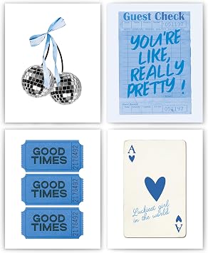 okaxscm Hot Blue Trendy Preppy Wall Art Prints Set of 4, Coquette Preppy Room Decor Aesthetic, Blue Room Wall Decor, Bink Cherry Disco Ball Wall Decor Posters for Girls Bedroom Dorm, 8x10 Unframed
